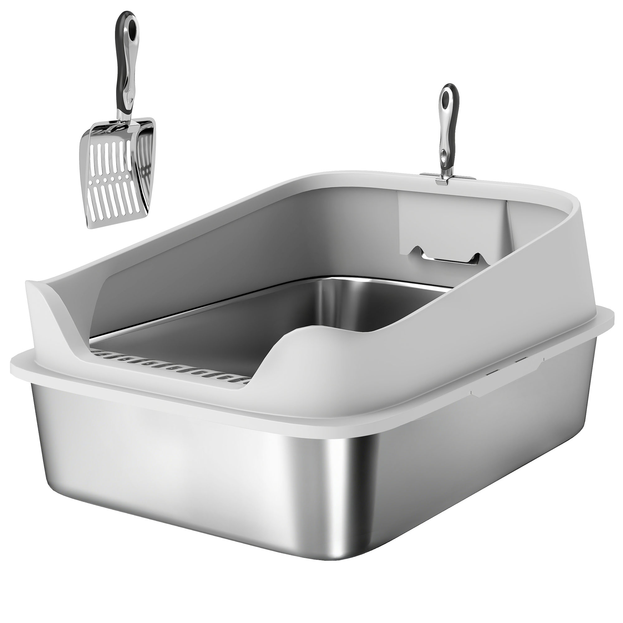 PawHut Katzentoilette Edelstahl Offene Katzenklo ohne Deckel Katzentoilette mit Schaufel hohem Rand XXL Cat Litter Box für große Katzen bis 12 kg 69,8 x 50,3 x 29,8 cm Grau   Aosom