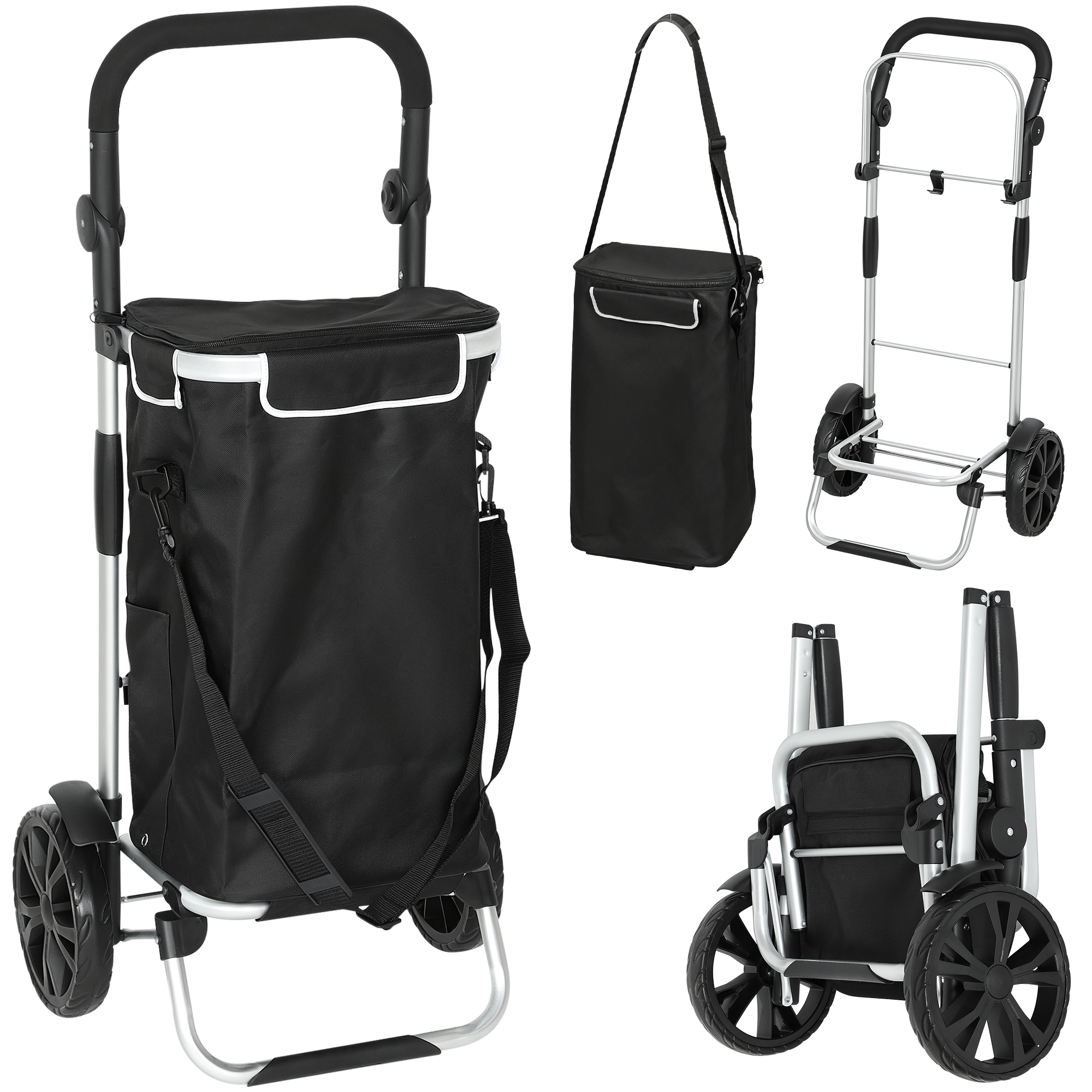 HOMCOM 3-in-1 Einkaufstrolley klappbar mit 40L Kapazität belastbar Trolley bis 25kg Einkaufswagen mit Kühlfach Sackkarre Umhängetasche Treppensteiger Schwarz   Aosom