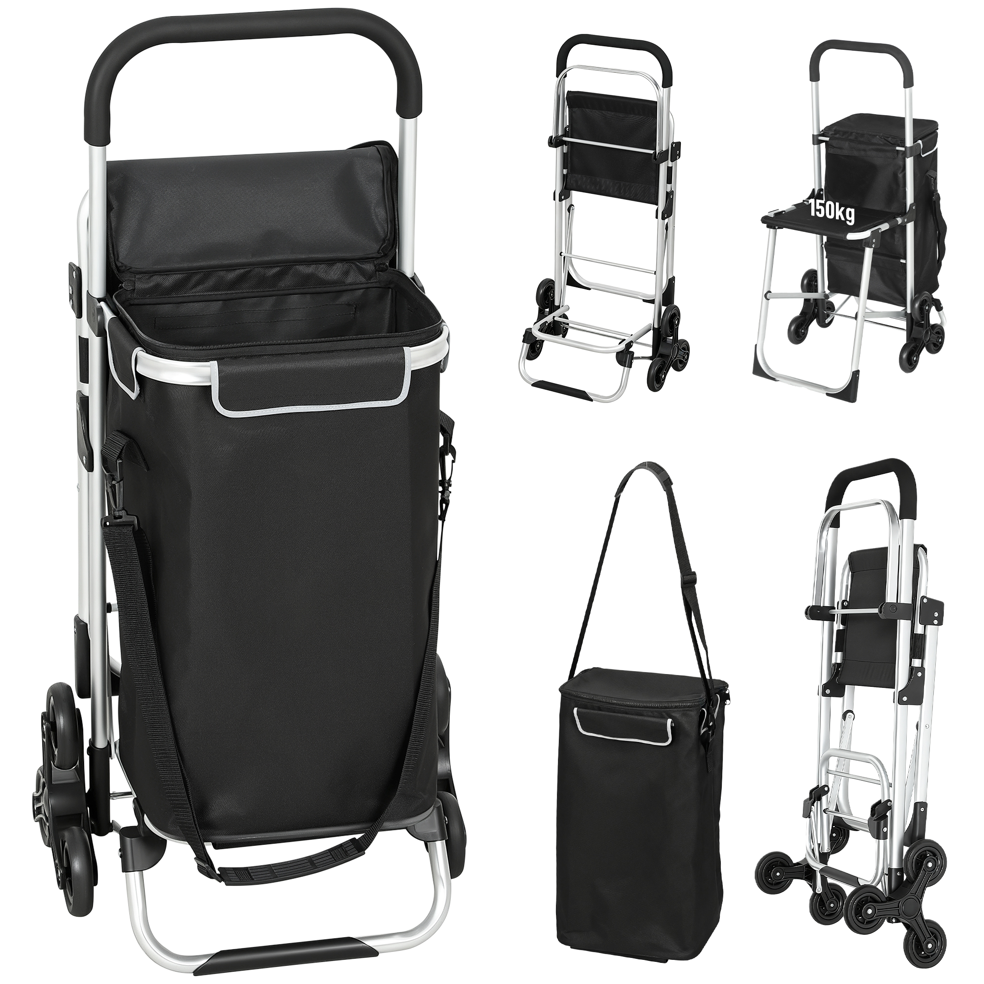 HOMCOM 3-in-1 Einkaufstrolley klappbar mit 40L Kapazität, klappbar Sitz, Trolley bis 25kg belastbar Einkaufswagen mit Kühlfach, verstellbarem Griff, Sackkarre Umhängetasche Treppensteiger Schwarz   Aosom