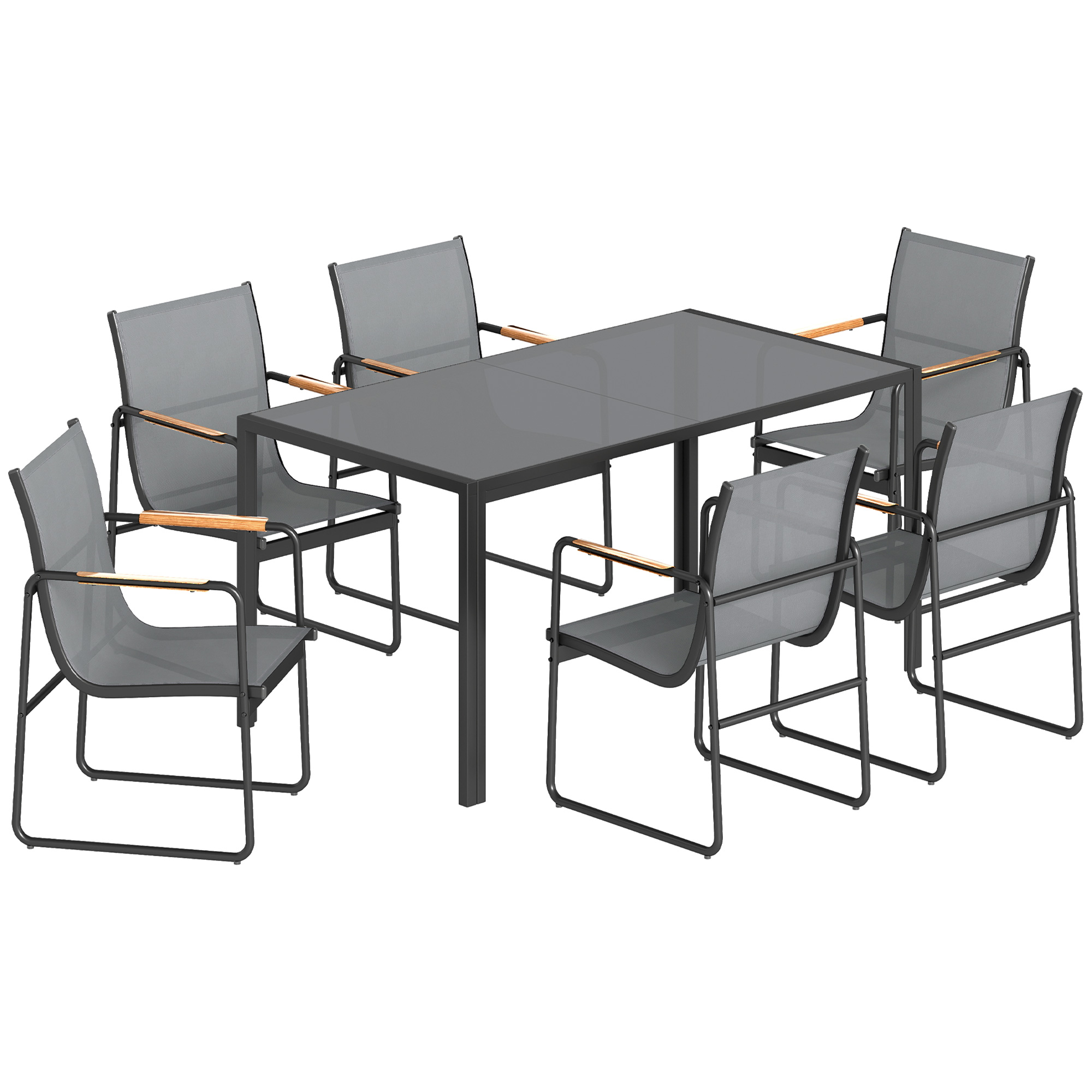 Outsunny 7-teiliges Outdoor-Esstisch-Set für 6 Personen, Glastisch und Stühle mit dekorativen Armlehnen, Gartenmöbel aus Stahl für Terrasse, Grau Aosom
