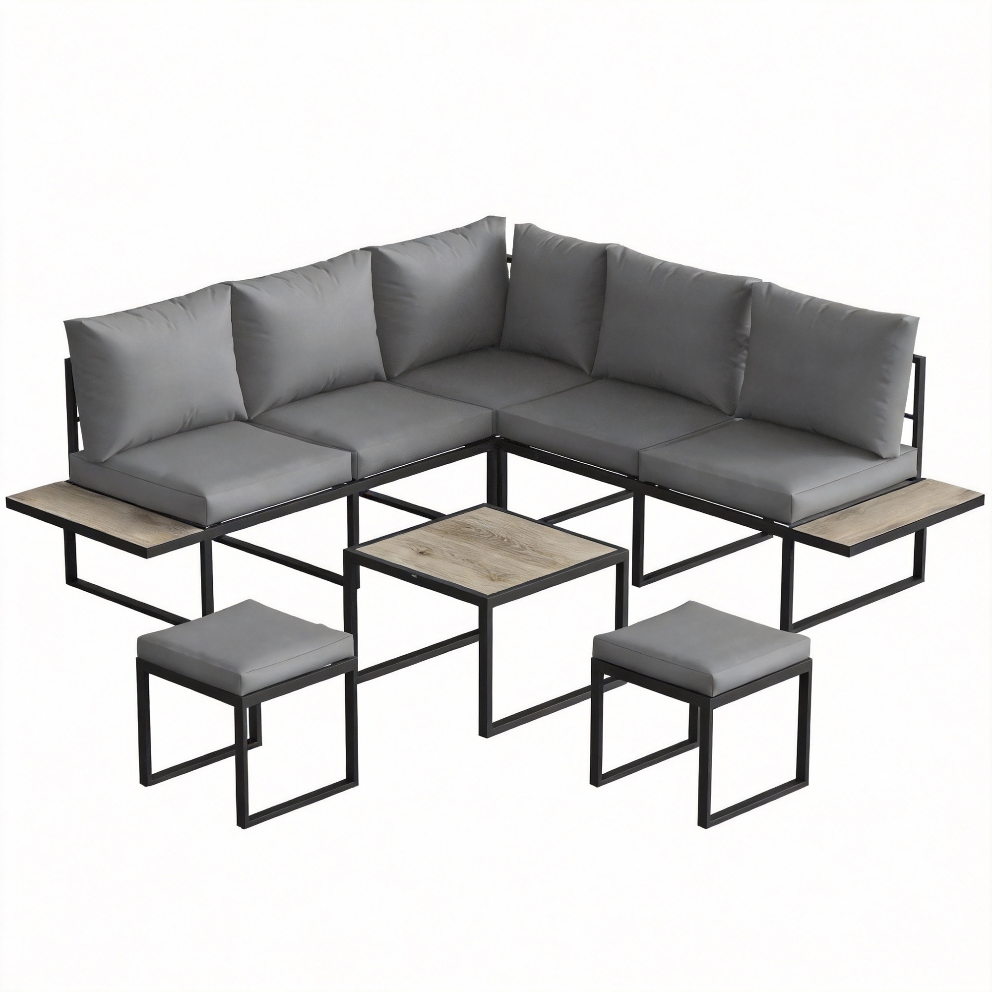 Outsunny Gartenlounge für 6 Personen - modulares Outdoor-Sofa-Set mit Couchtisch & seitlichen PSPC-Holzoptik-Platten - dicke 10 cm Sitzkissen, komfortabel für Terrasse, Balkon, grau   Aosom