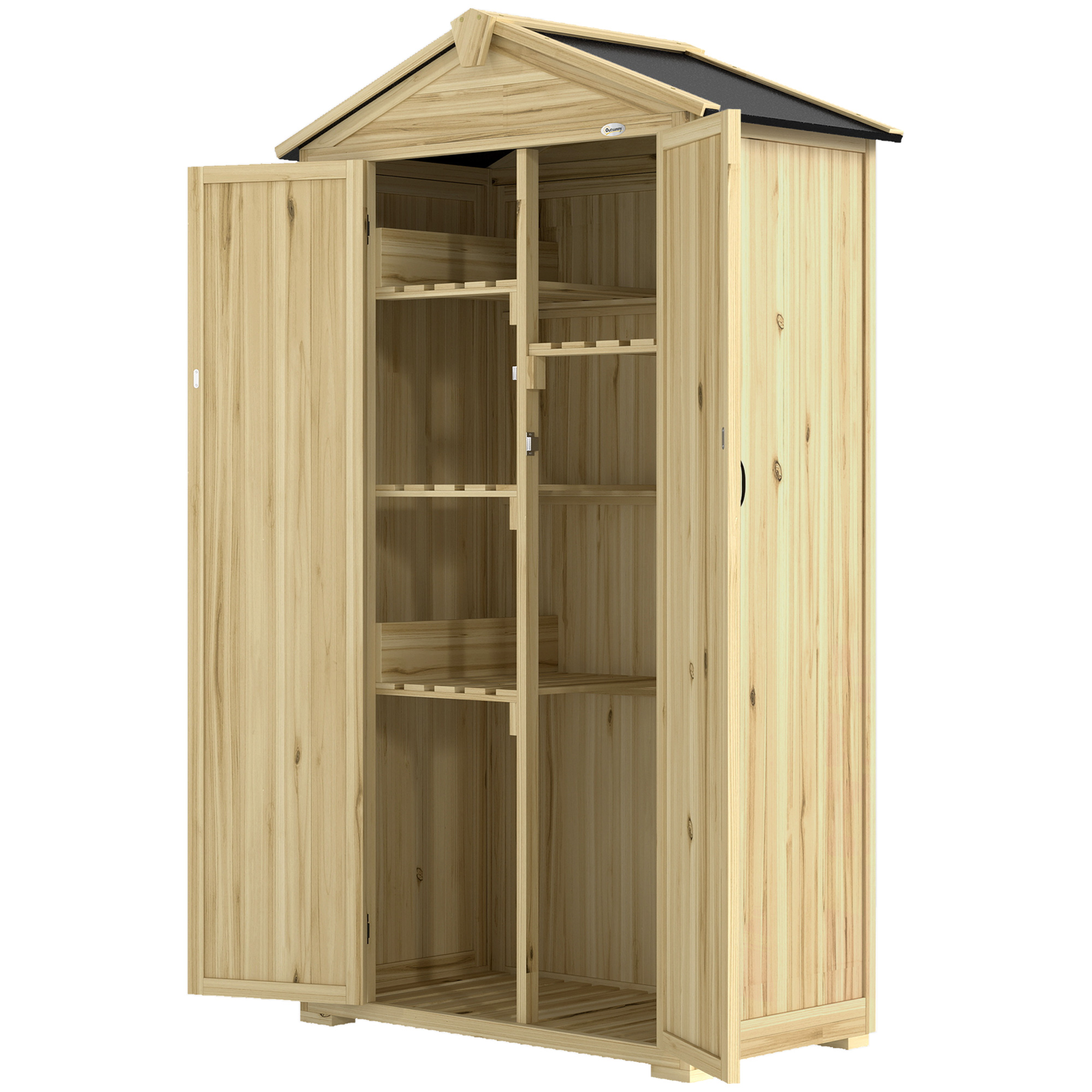 Outsunny Gartenschrank aus Fichtenholz mit 3 Türen und 4 Regalen, Geräteschuppen für außen mit schrägem Asphaltdach, abschließbare Türen, Haken, 93x53x168 cm, Natur   Aosom