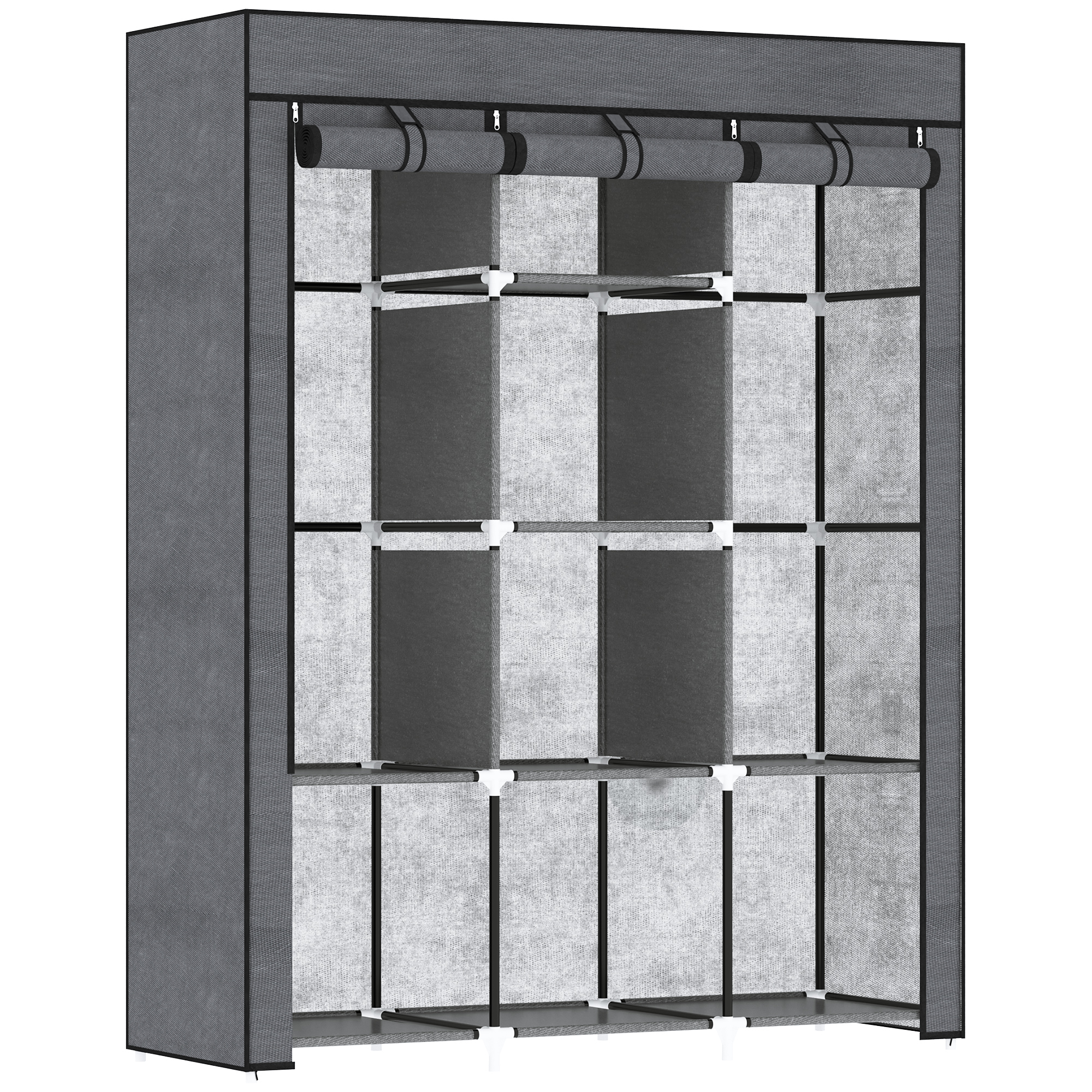 HOMCOM Stoffschrank, Kleiderschrank mit Kleiderstangen, 8 Ebenen, Faltschrank, Faltbare Garderobe für Schlafzimmer, Flur, Vliesstoff, Dunkelgrau, 125 x 43 x 162,5 cm   Aosom