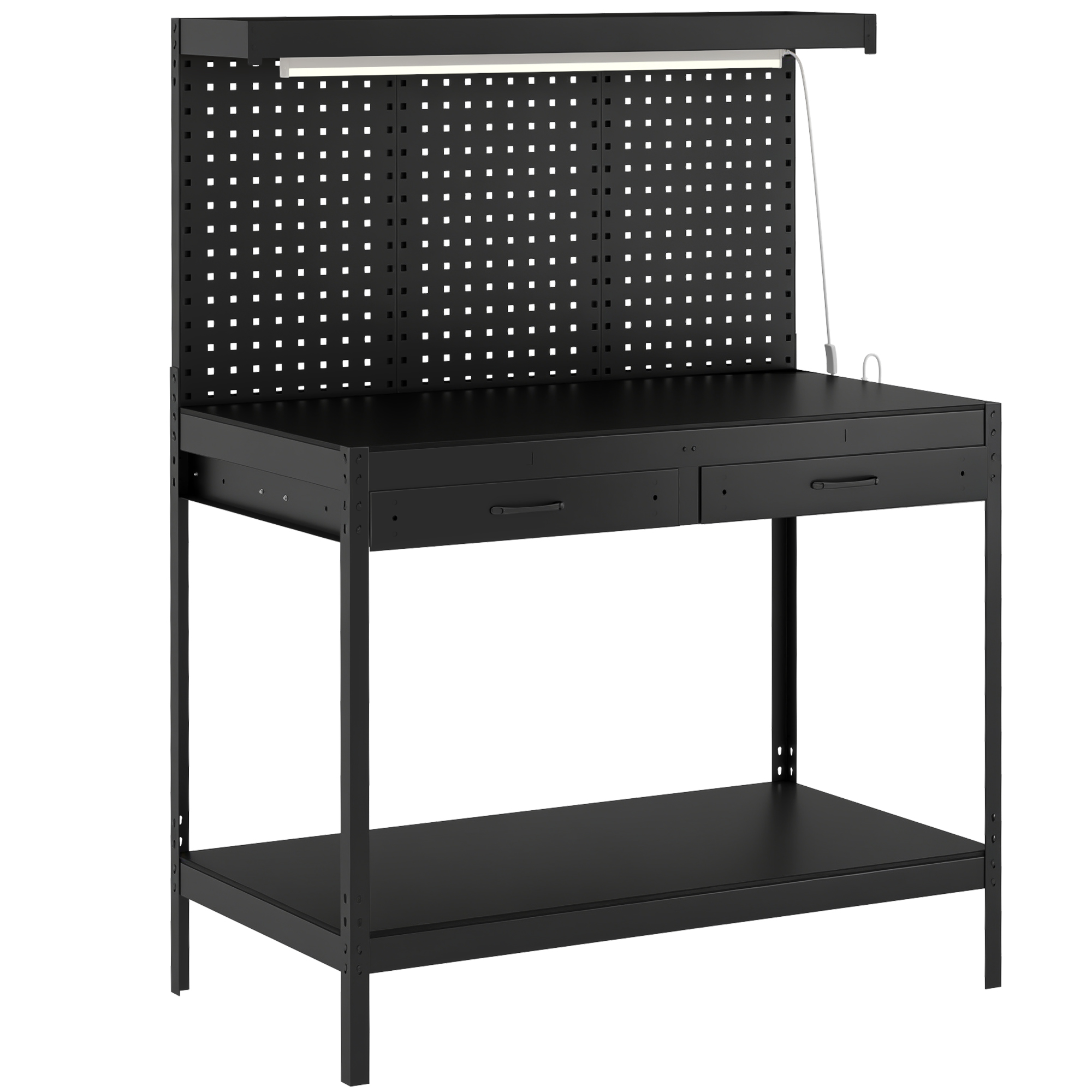 HOMCOM Werkbank 1100 x 600 x 1500 mm Arbeitstisch mit Lochwand, LED-Arbeitsleuchte, Steckdosenleiste, 272kg Tragkraft, Werktisch mit 2 Schubladen, Verstellbar Ablage für Garage, Werkstatt   Aosom
