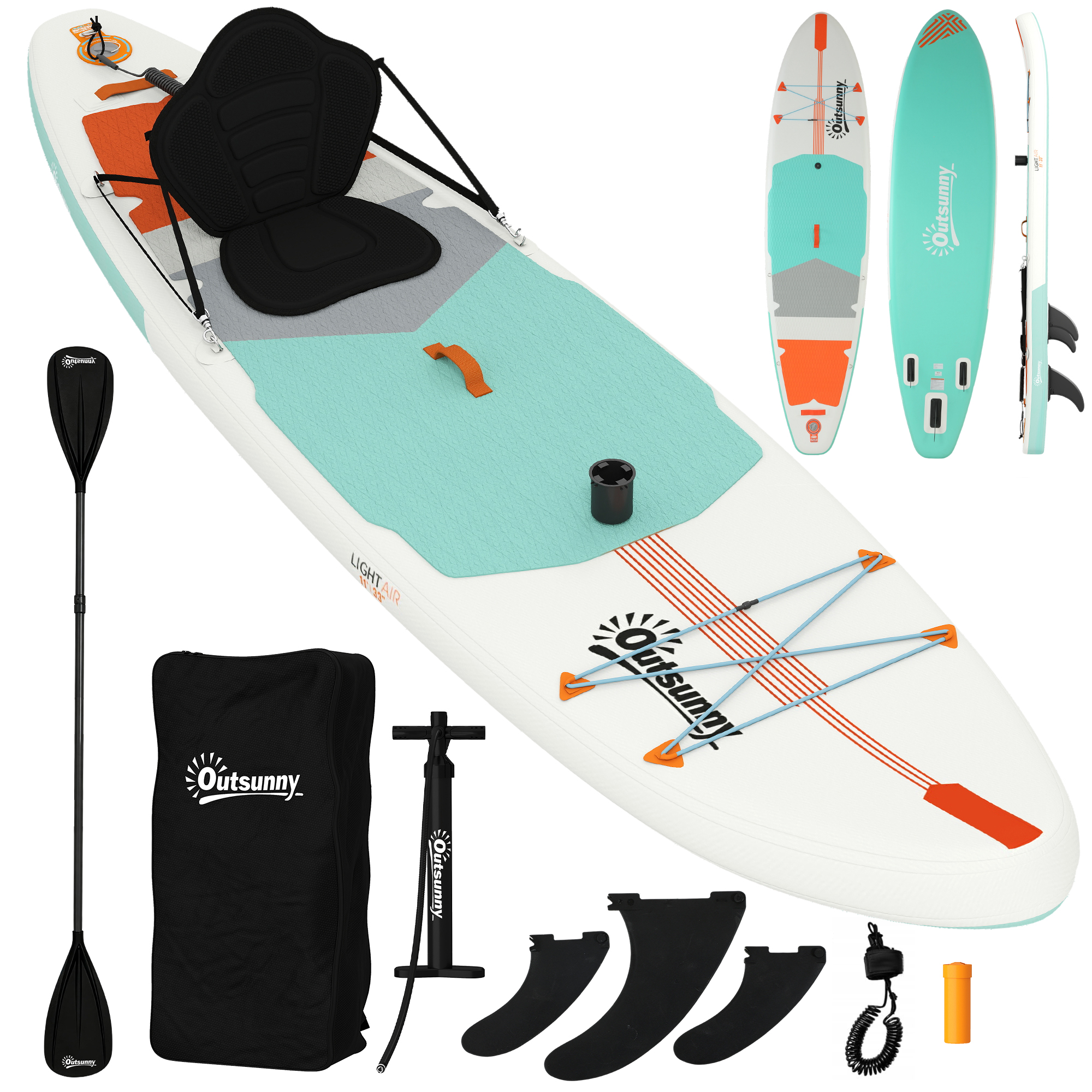 Outsunny Aufblasbares Paddleboard mit Zubehör, 335 cm, verstellbares Paddel, Sitz, Finnen, Stand-Up-Paddle-Board mit rutschfester Oberfläche, Luftpumpe, Rucksack und Hülle, Tragkraft 180 kg, für Erwachsene   Aosom