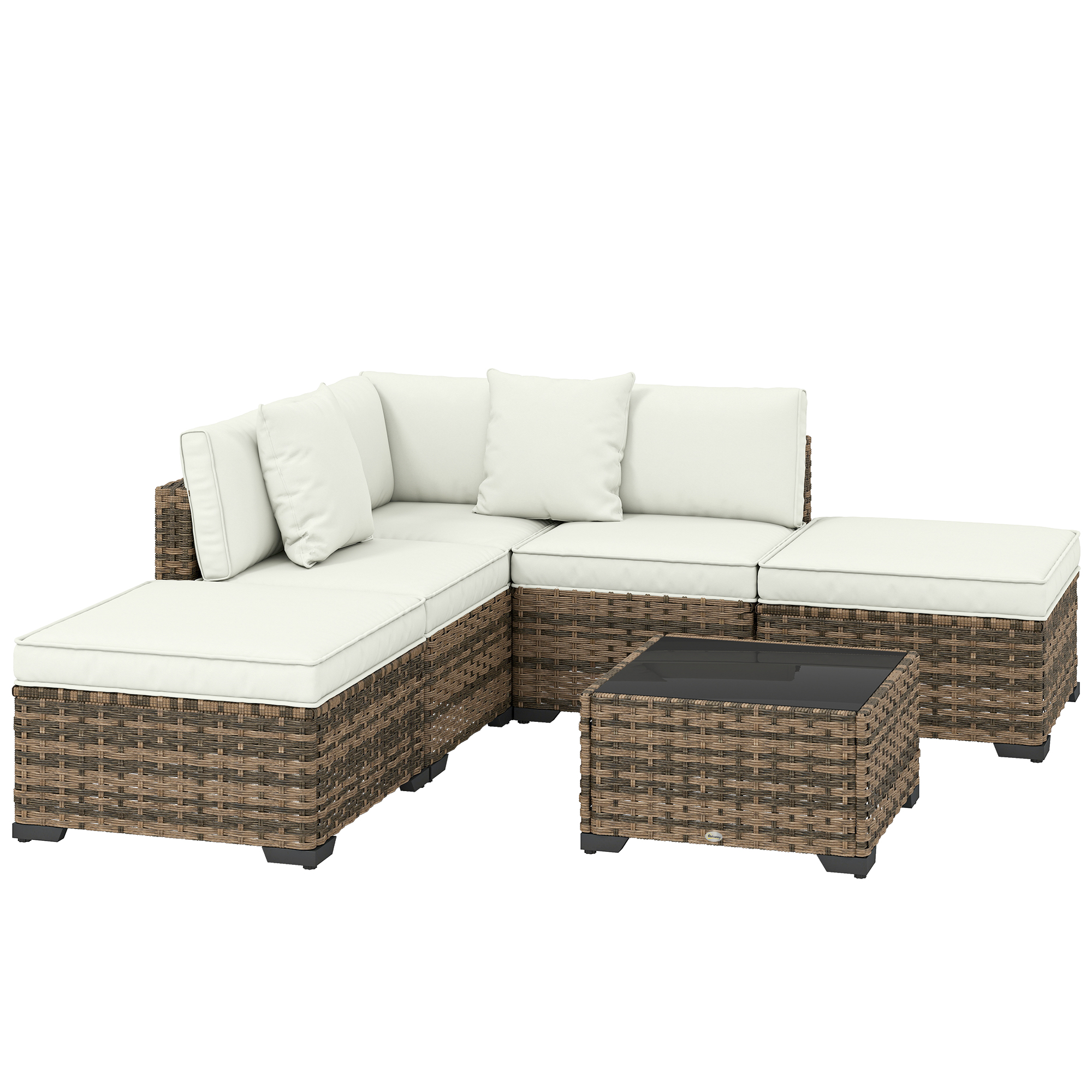 Outsunny Eck-Gartenlounge 5 Plätze, modulare PE-Rattan-Sofas, Fußhocker, Couchtisch mit gehärtetem Glas und Kissen, Gartenmöbel, Terrasse, Patio, Creme und Gelb   Aosom
