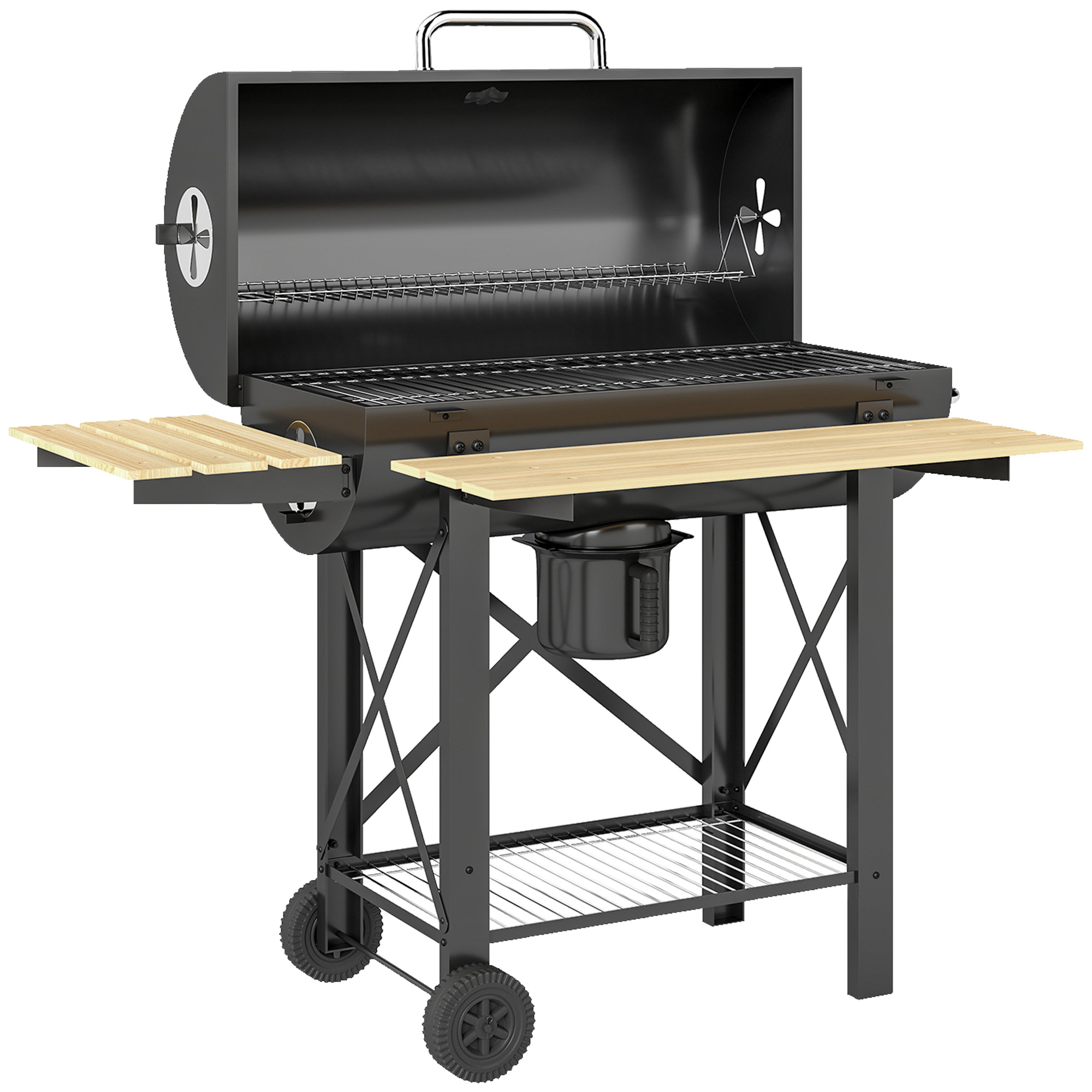 Outsunny Tragbarer Holzkohlegrill, mobiler Holzkohlegrill mit klappbaren Ablagen, Thermometer, Deckel, verstellbare Lüftungen, Ascheauffang, Räder, Griff, 109x71x98 cm, Schwarz und Naturholz   Aosom