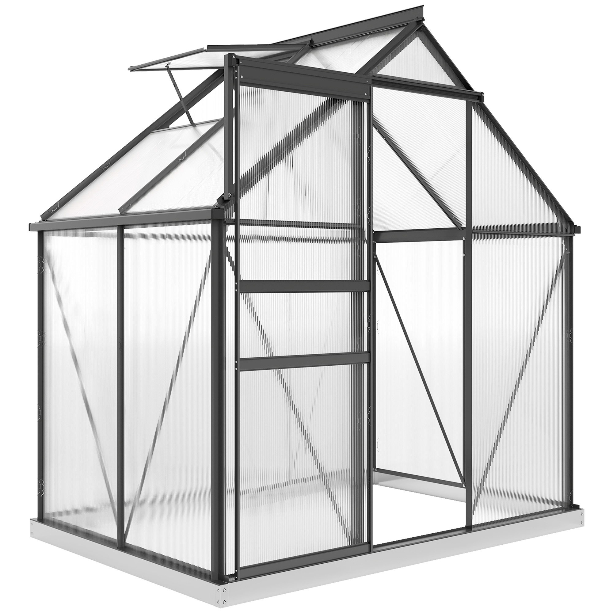 Outsunny Polycarbonat-Gewächshaus mit Aluminiumlegierungsrahmen 2,5 m², Gewächshaus für den Gemüsegarten mit Fundament, Dachrinnen, verstellbare Dachfenster, Flügeltür, für Pflanzen, UV-beständig, Grau   Aosom