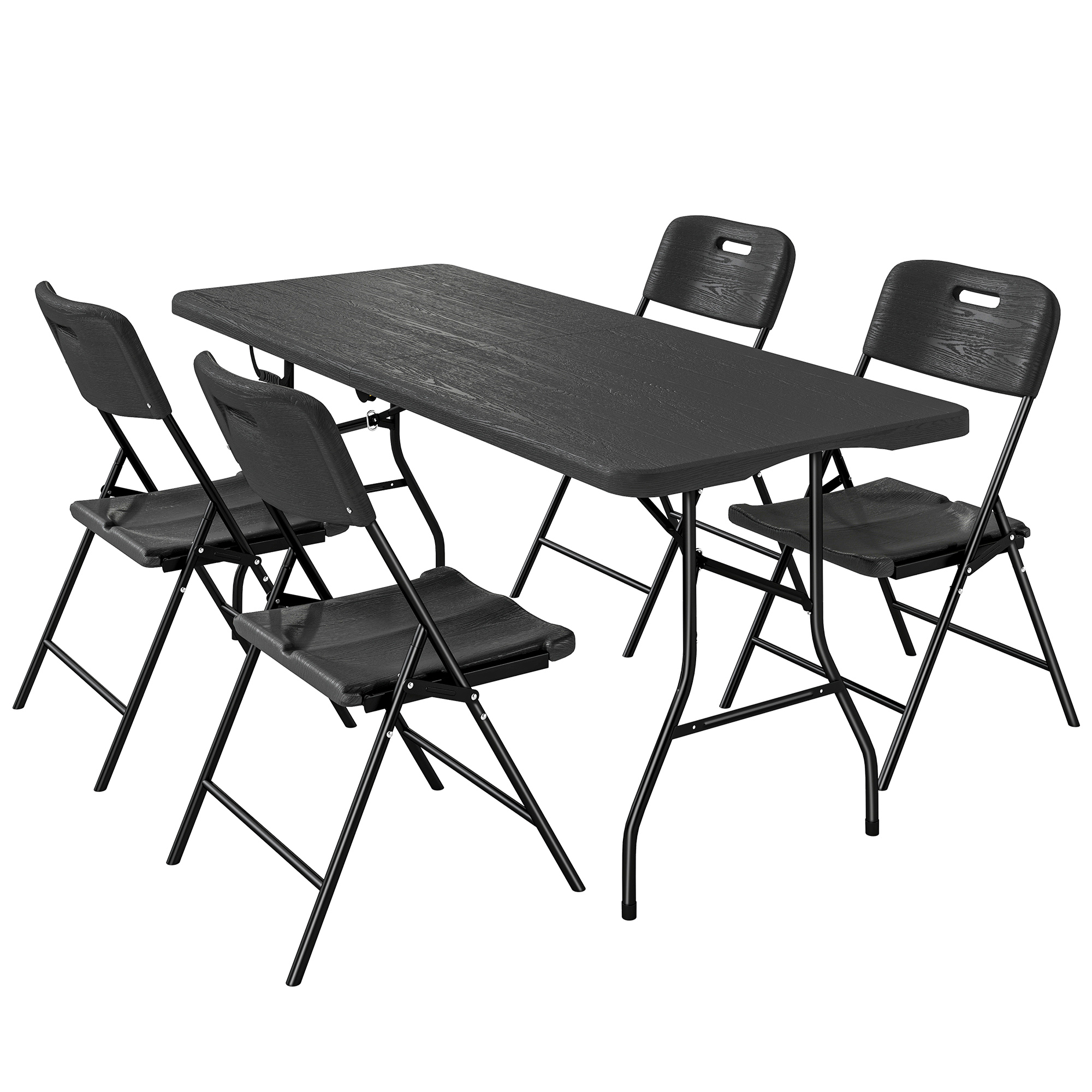 Outsunny 5-teiliges klappbares Camping-Set Klapptisch mit Stühlen Enthält 1 Tisch 180x74x74 cm und 4 Stühle Wasserdichte HDPE-Platte und Metallgestell für Camping Garten Picknick Schwarz   Aosom