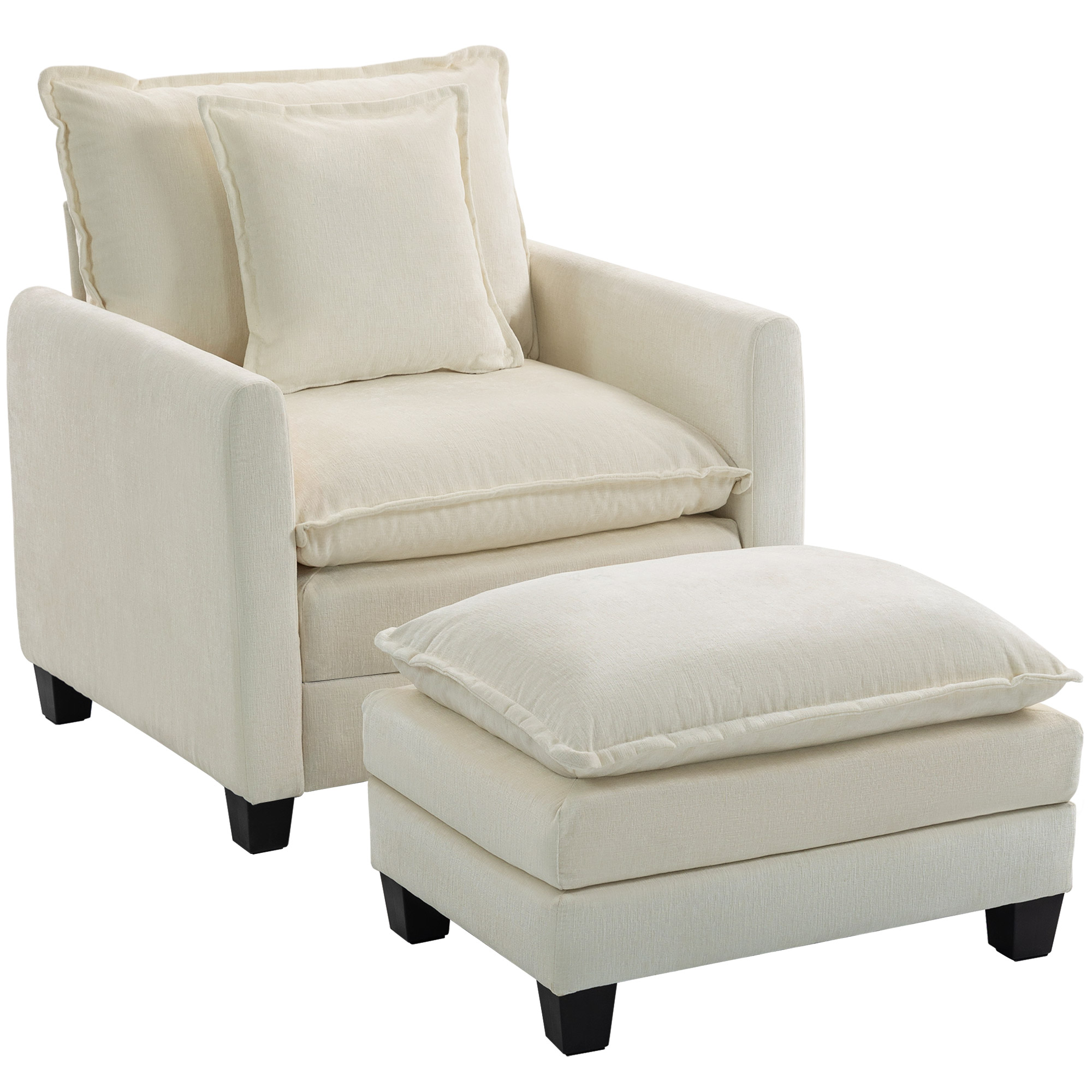 HOMCOM Wohnzimmer-Sessel mit Fußhocker, 1-Sitzer Sofa aus Chenille, breite Sitzfläche, doppelte Polsterung, Federkernkissen, Kissen, moderner Lesesessel für Schlafzimmer, Wohnung, Creme   Aosom