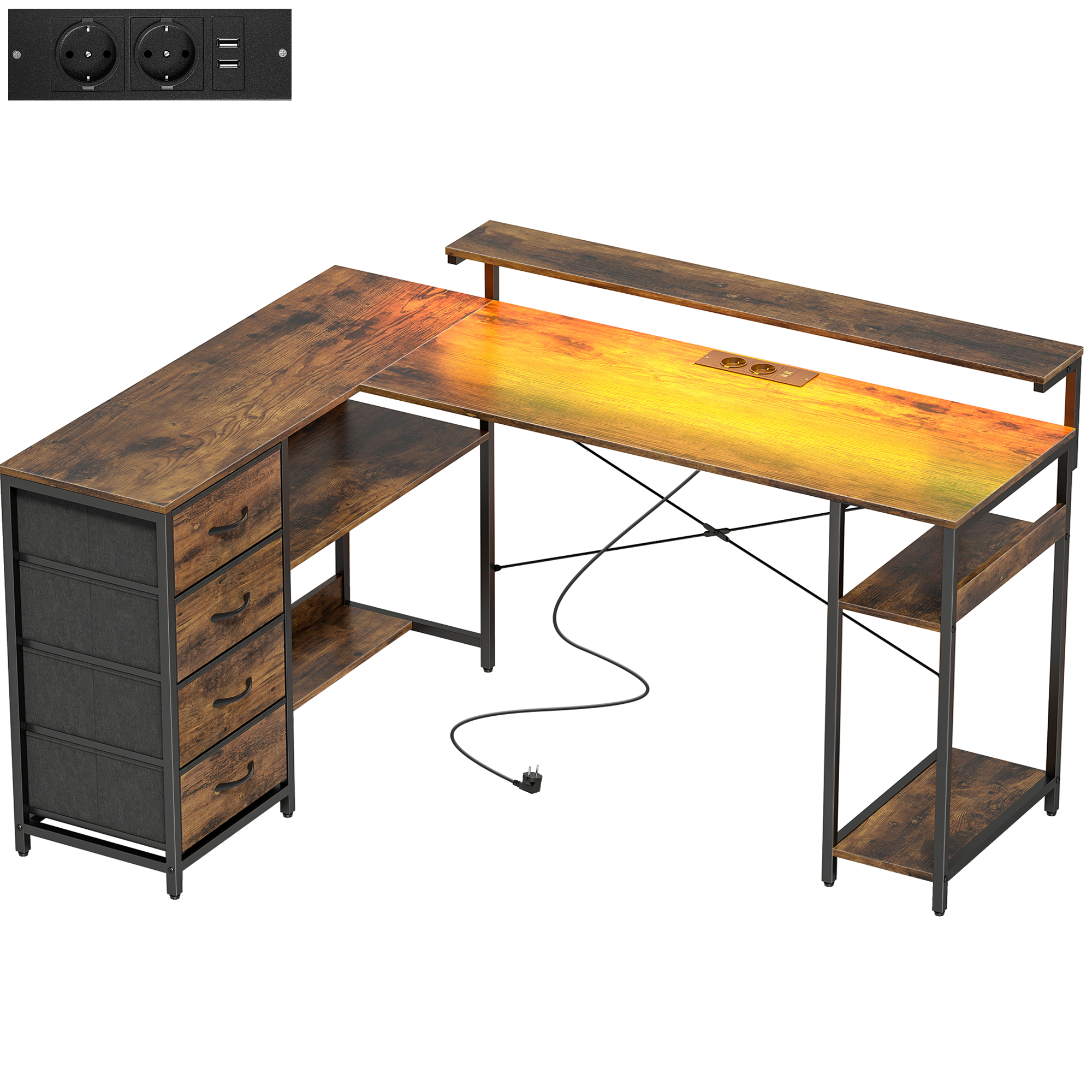 HOMCOM Gaming Tisch L-förmiger Schreibtisch mit Stromanschluss, LED-Beleuchtung, 4 Schubladen, Monitorständer, reversibler Computertisch Spanplatte, Stahl Rustikal-Braun 155 x 110 x 91,4 cm   Aosom