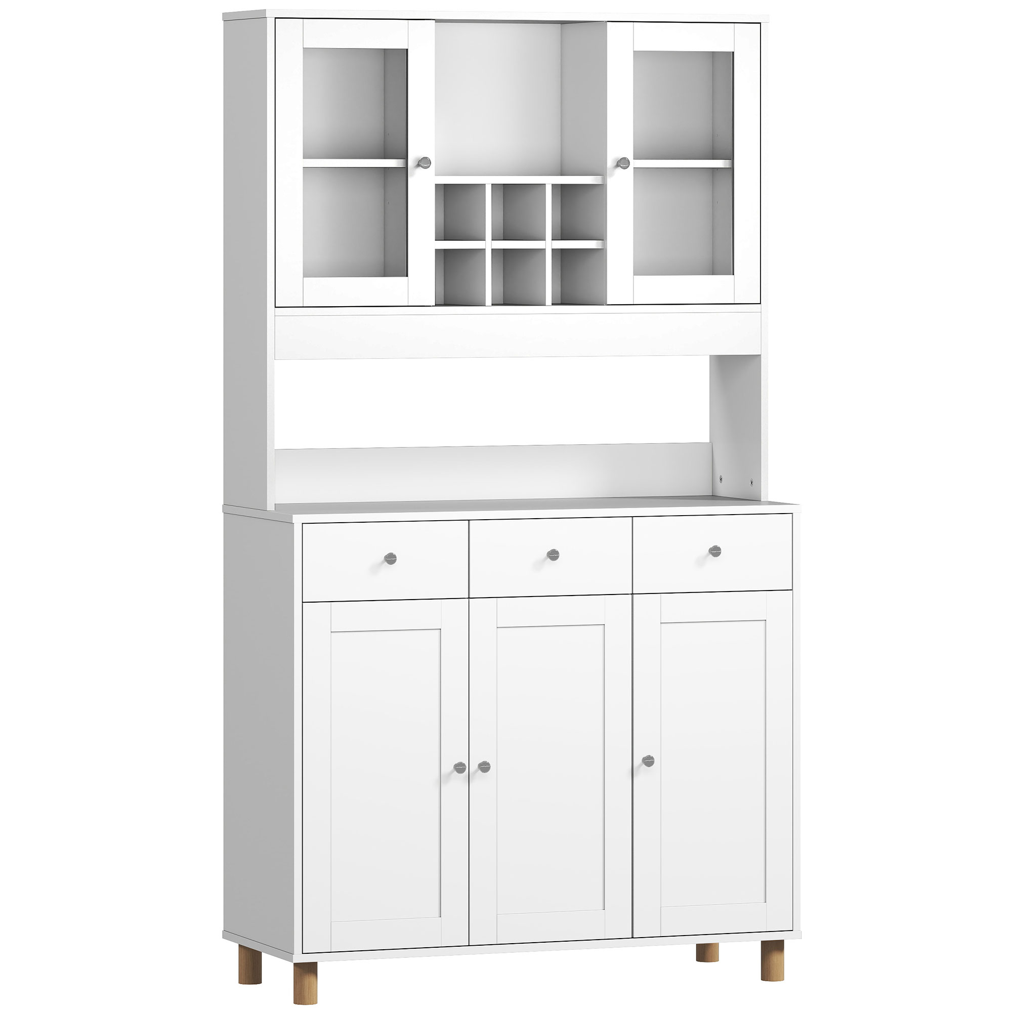 HOMCOM Küchenschrank, Buffetschrank mit verstellbaren Regalen, 4 Türen, Schublade, Vorratsschrank, Hochschrank mit 2 Glastüre , 100 x 40 x 180 cm, Weiß   Aosom
