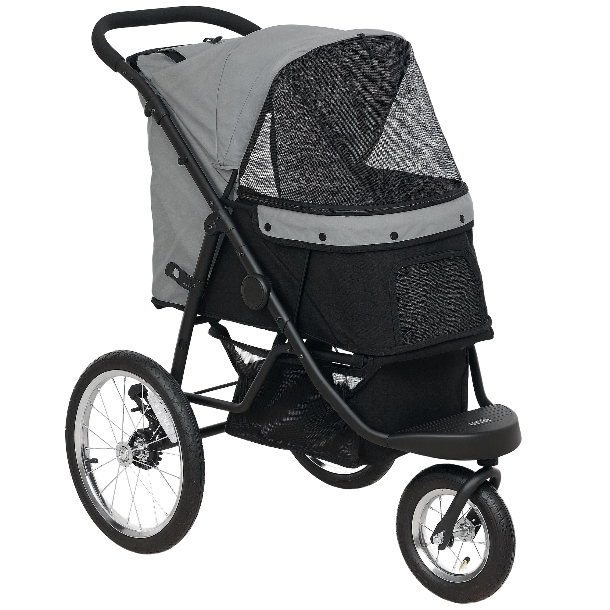 PawHut Hundewagen Jogger Hundebuggy klappbar für kleine Hunde & Katzen bis 10 kg Katzenbuggy mit 3 große Gummiräder, Kissen Netzfenstern Aufbewahrungskorb Katzenwagen mit Sicherheitsleinen, Grau Aosom