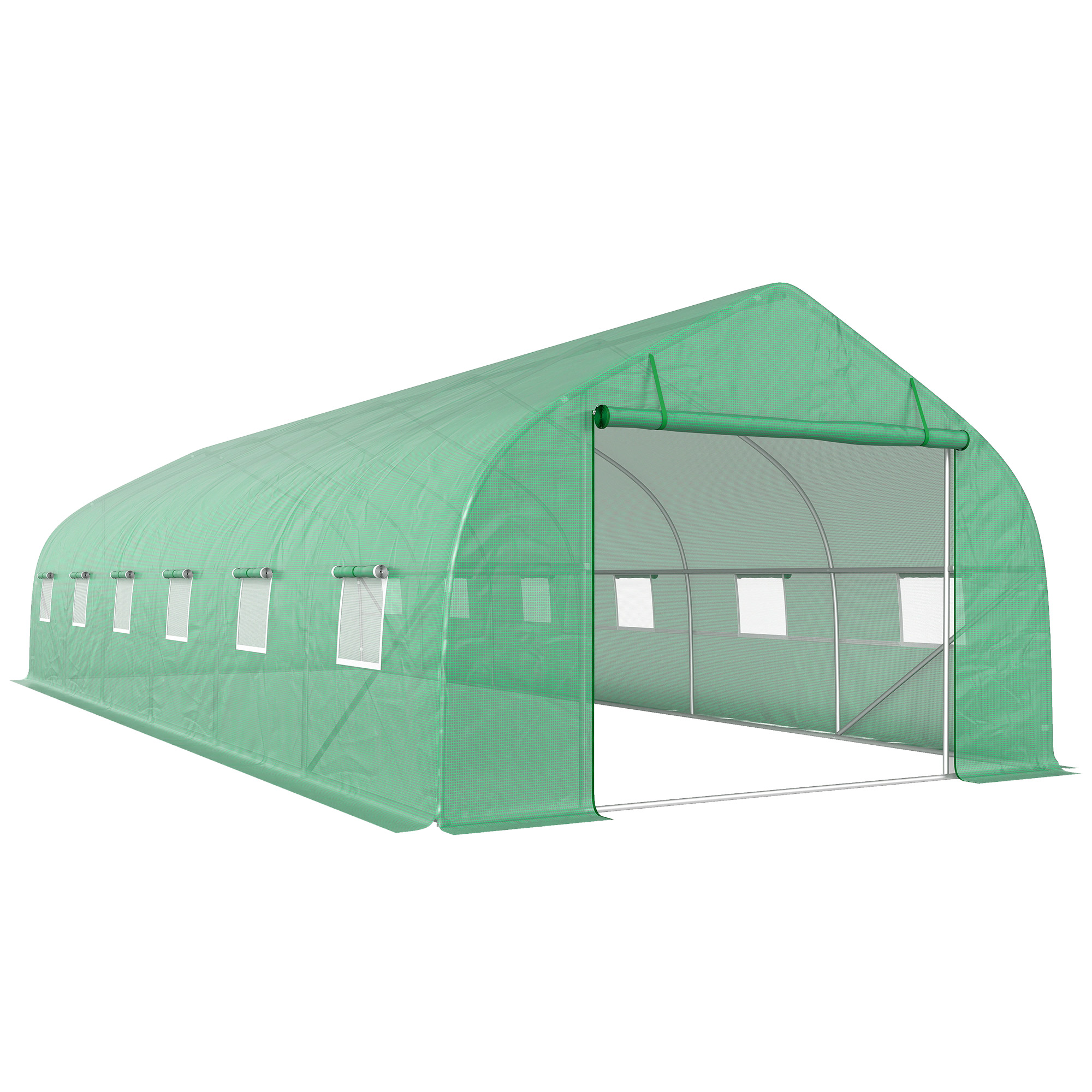 Outsunny Garten Gewächshaus Tunnel 24 ㎡ große Größe 8 x 3 x 2 m mit PE-Plane Rahmen aus verzinktem Stahl Ø 24 mm aufrollbare Tür und 12 Fenster grün   Aosom