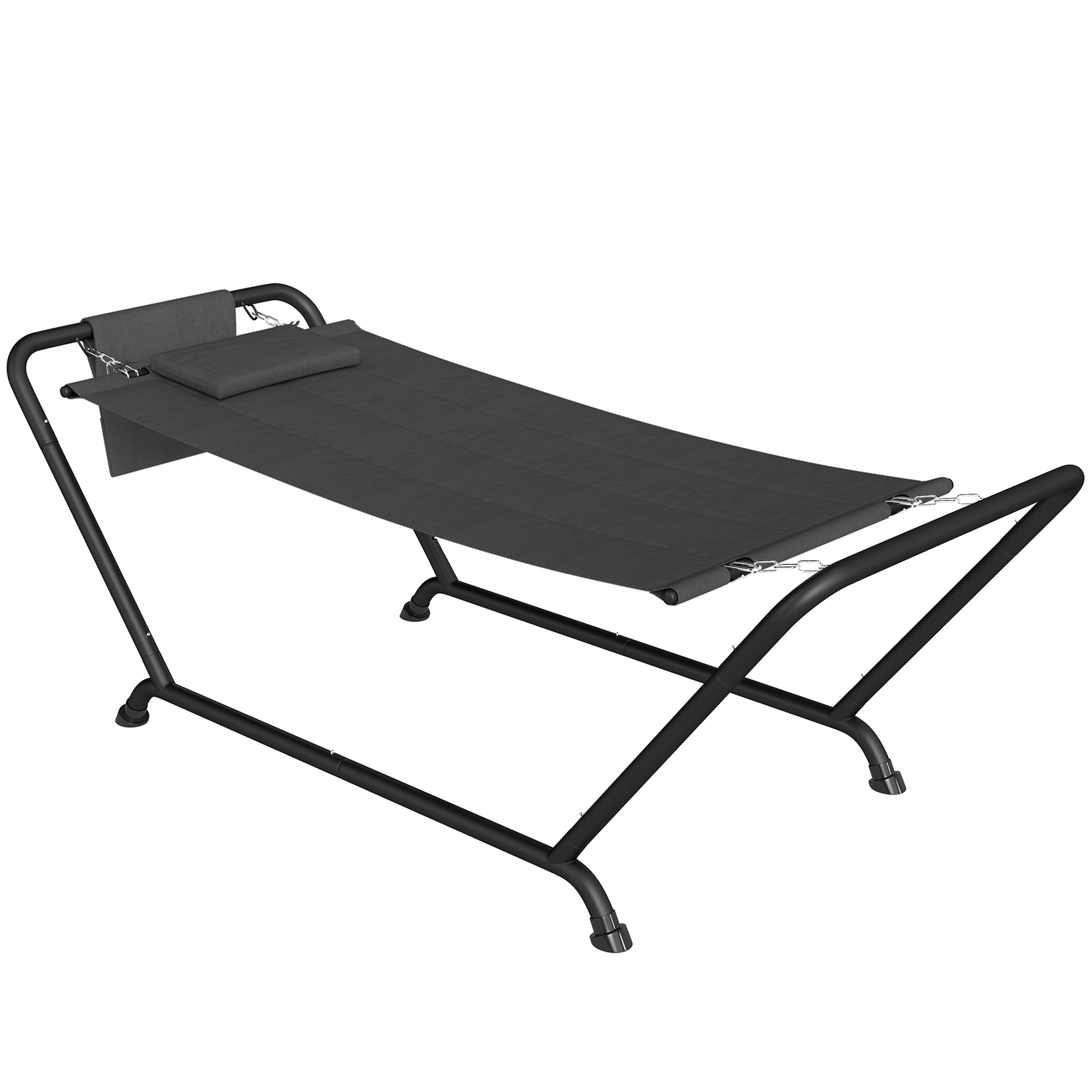 Outsunny Hängematte mit Gestell 237 x 90 cm Stabhängematte mit Seitentasche, Kopfstütze Metallrahmen bis 150 kg Hängematte für Indoor & Outdoor Garten Balkon Terrasse Dunkelgrau   Aosom