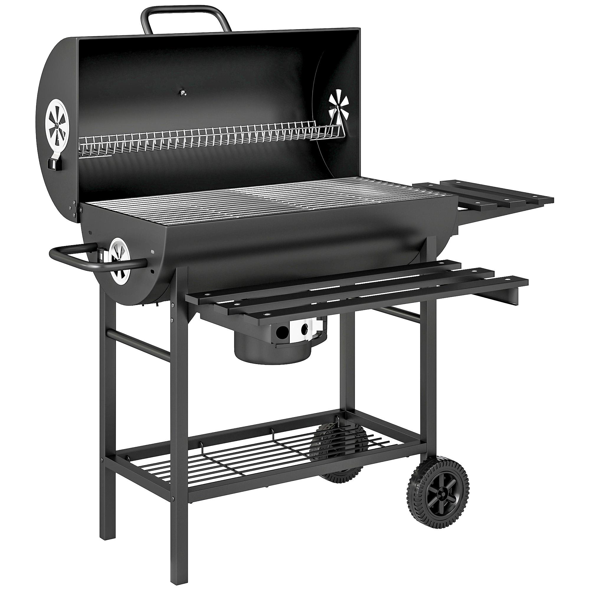 Outsunny Holzkohlegrill aus Stahl BBQ Smoker mit Deckel Griffe Thermometer Räder fahrbar Grillwagen Holzkohle Grill,Kohlegrillwagen für BBQ Camping Terrasse Garten 114 x 65 x 95 cm   Aosom
