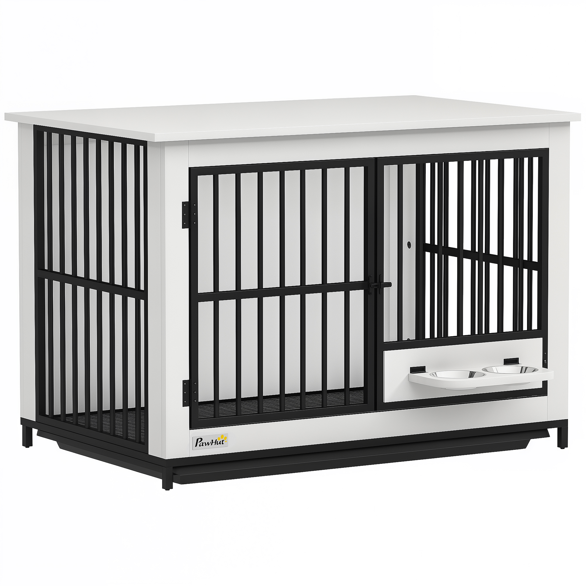 PawHut Hundekäfig Hundebox für Zuhause mit 2 Türen, Abschließbare Hundehütte Indoor mit drehbaren Näpfen, herausnehmbarer Schale für kleine/mittlere/große Hunde Weiß 95 x 60 x 68,5 cm   Aosom