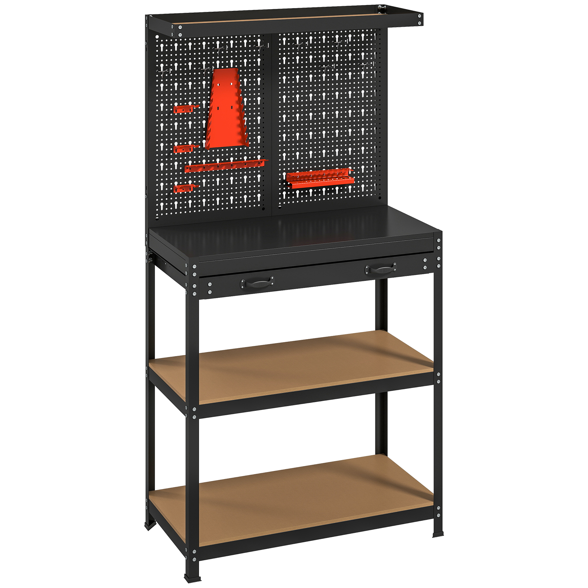 HOMCOM Werkbank 80 x 40,5 x 155 cm Werkzeugbank mit Lochwand, Haken,  Schublade, 2 Ablagen, Arbeitstisch 240 kg Tragkraft Werktisch aus Metall, für Werkstatt Schwarz   Aosom