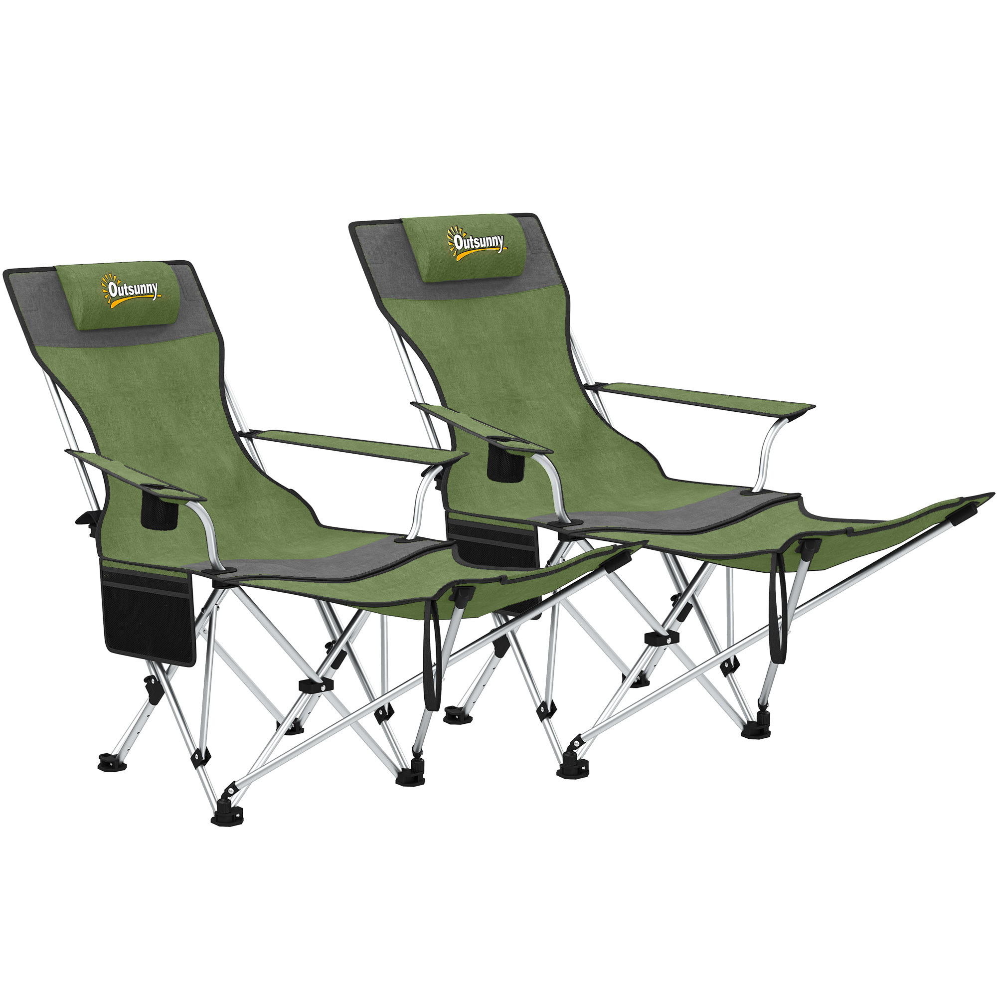 Outsunny Set 2 Klapp-Campingstühle mit abnehmbarer Fußstütze, Getränkehalter und Seitentasche, Gartenstühle aus Oxford-Gewebe und Metall, Belastbar bis 120 kg, 125x48x90 cm, Grün   Aosom