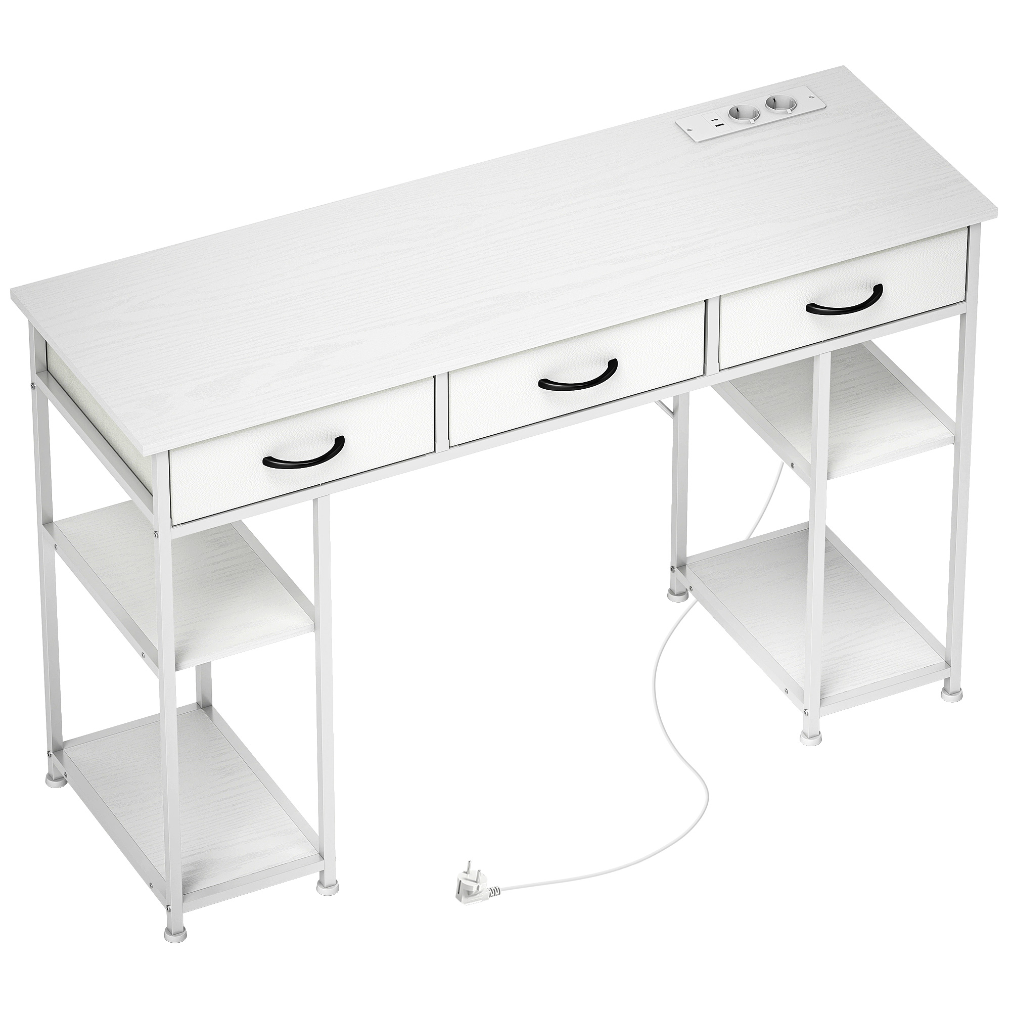 HOMCOM Schreibtisch Küchentisch mit 2 USB-Ladeanschlüssen 2 Steckdosen Computertisch mit verstellbare Regalböden 3 Stoffschubladen Arbeitstisch mit Stahlrahmen Laptoptisch Büroregal Weiß 120x40x76 cm   Aosom