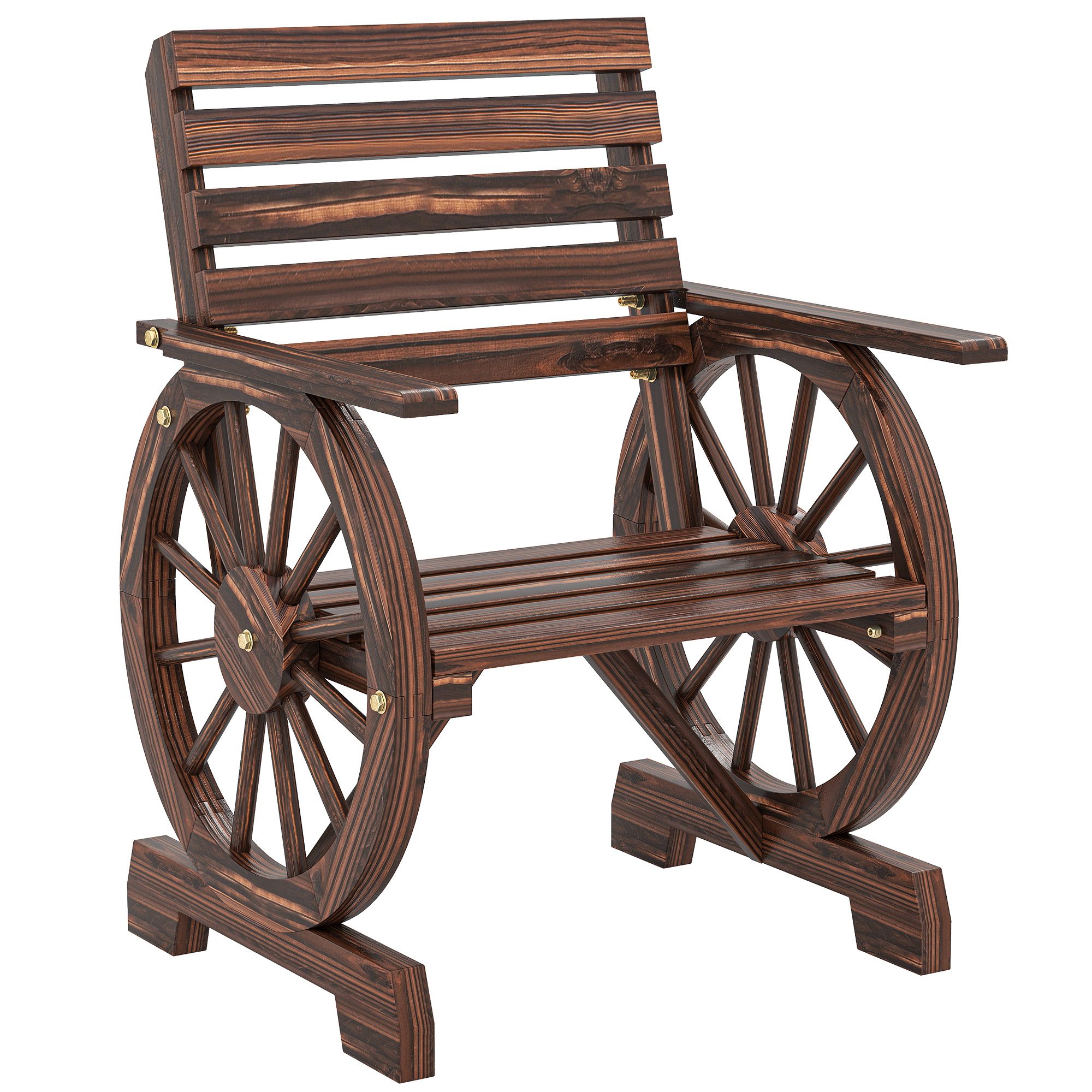 Outsunny Gartenstuhl Holz Gartensessel mit Wagenräder-Design, Holzstuhl im Landhausstil, Garten Sessel Gartenmöbel für Garten Terrasse Innenhof, Verkohlt   Aosom