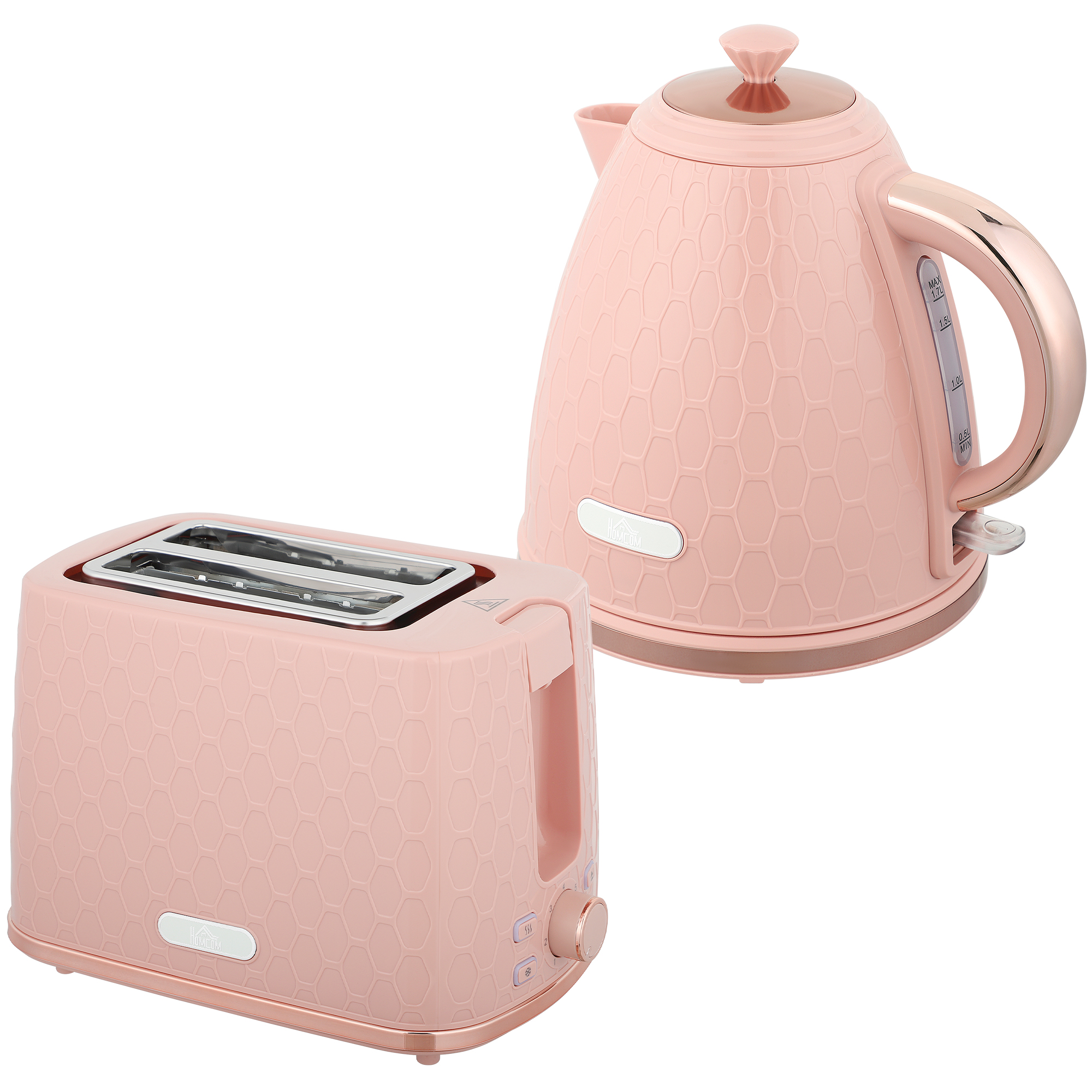 HOMCOM Wasserkocher- und Toaster-Set, 1,7L 2200W Schnellkoch-Wasserkocher mit automatischer Abschaltung, 2-Scheiben-Toaster mit 7 Bräunungsstufen, Krümelschublade und Thermostat, Rosa   Aosom
