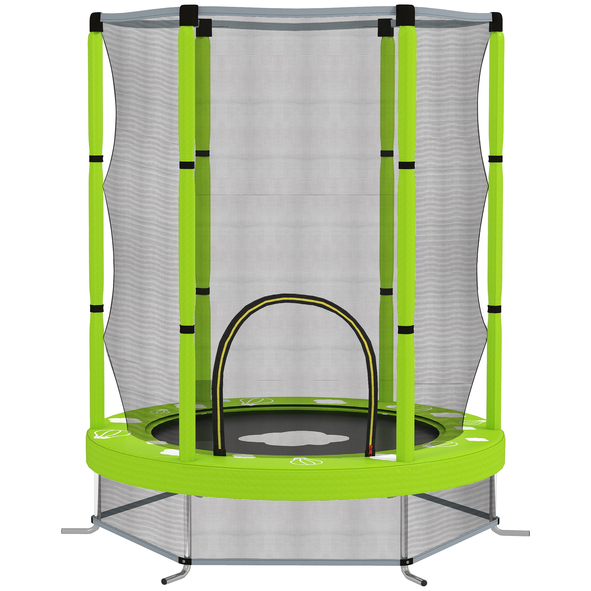 AIYAPLAY Kinder Trampolin Ø140 cm, Indoor Trampolin mit Sicherheitsnetz Randabdeckung Gummiseil, Kindertrampolin mit Tür mit Reißverschluss, Wolken-Muster, für Kinder 3-6 Jahre Grün Aosom
