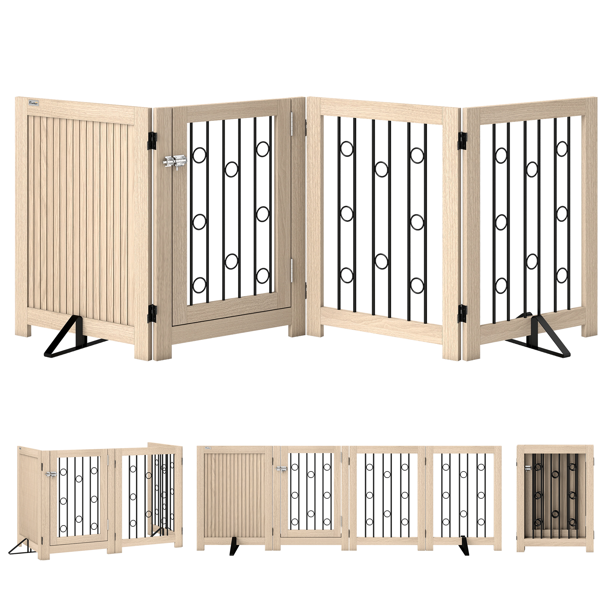 PawHut Absperrgitter Hund Freistehendes Schutzgitter, HxB: 70 x 205 cm Faltbares Hundegitter mit 2 Stützfüßen, Abschließbarer Tür, Haustiergitter für Küche, Kamin, Tür, 4 Paneelen, Eiche   Aosom
