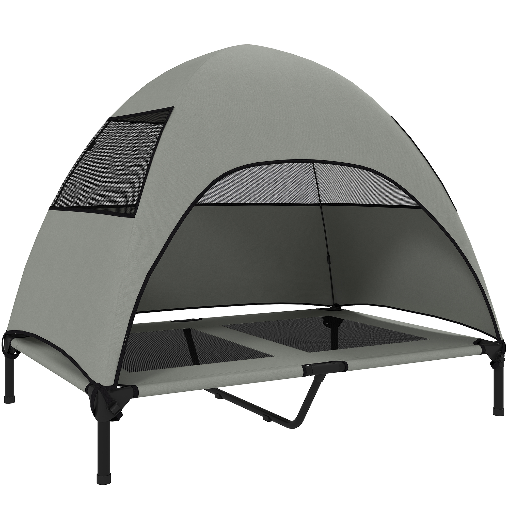 PawHut Hundeliege Outdoor mit Dach, Erhöhtes Hundebett für Große Hunde, Kühlendes Haustierliege mit Waschbares Mesh Metallrahmen Tragtasche, Haustierbett für Draußen Camping 106x76x99cm, Hellgrau Aosom