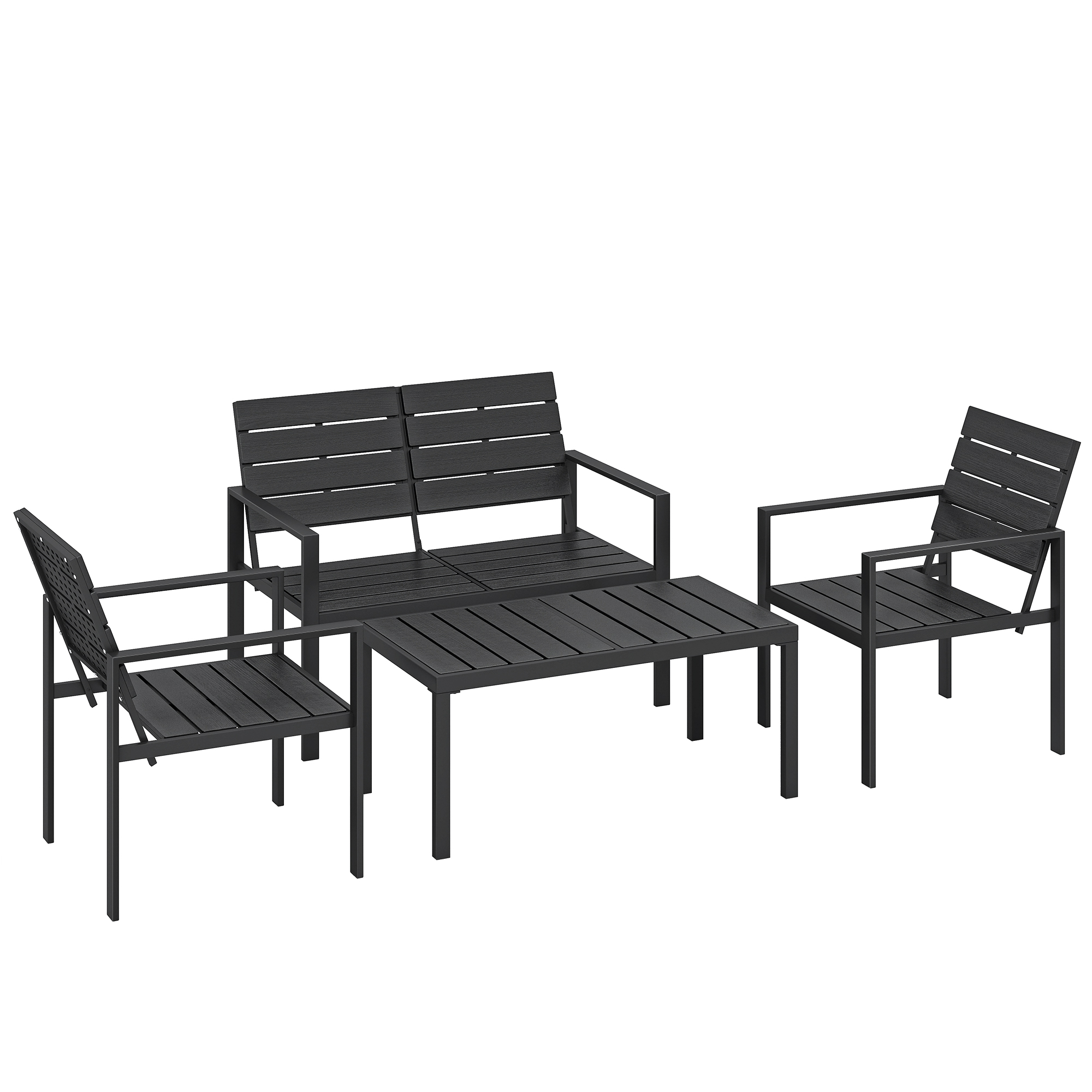 Outsunny Gartenmöbel Set Sitzgruppe für 4 Personen Gartenlounge mit 2er Sofa 2 Sessel, Breitem Beistelltisch Lamellendesign, Wetterfest Outdoor Balkonmöbel Terrassenmöbel für Garten Balkon Schwarz   Aosom