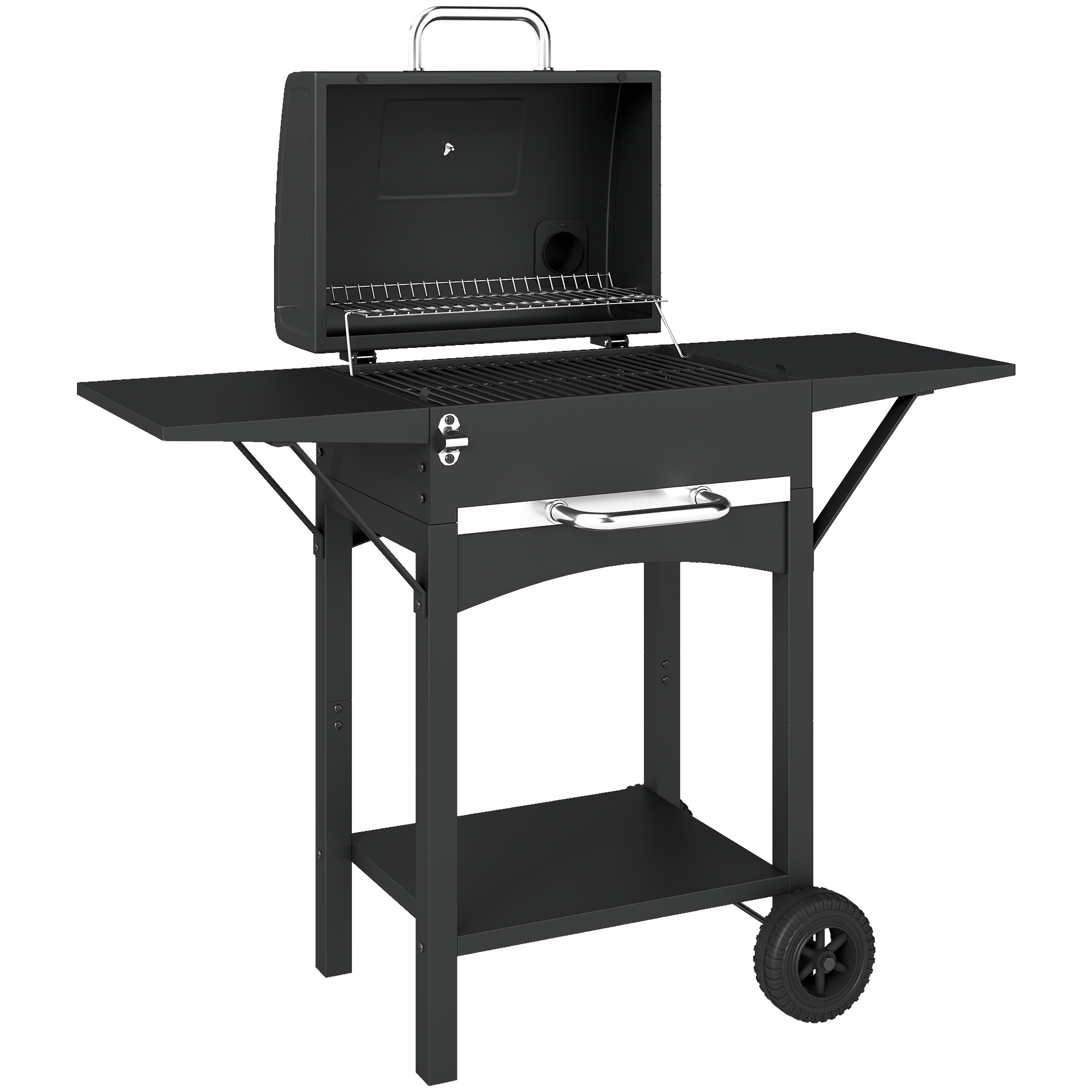 Outsunny Holzkohlegrill mit Deckel, BBQ Smoker Grill mit 2 Seitentischen Große Grillfläche Grillrost Thermometer Räder, Grillwagen Standgrill Kohlegrillwagen 110 x 46,5 x 101 cm Schwarz   Aosom