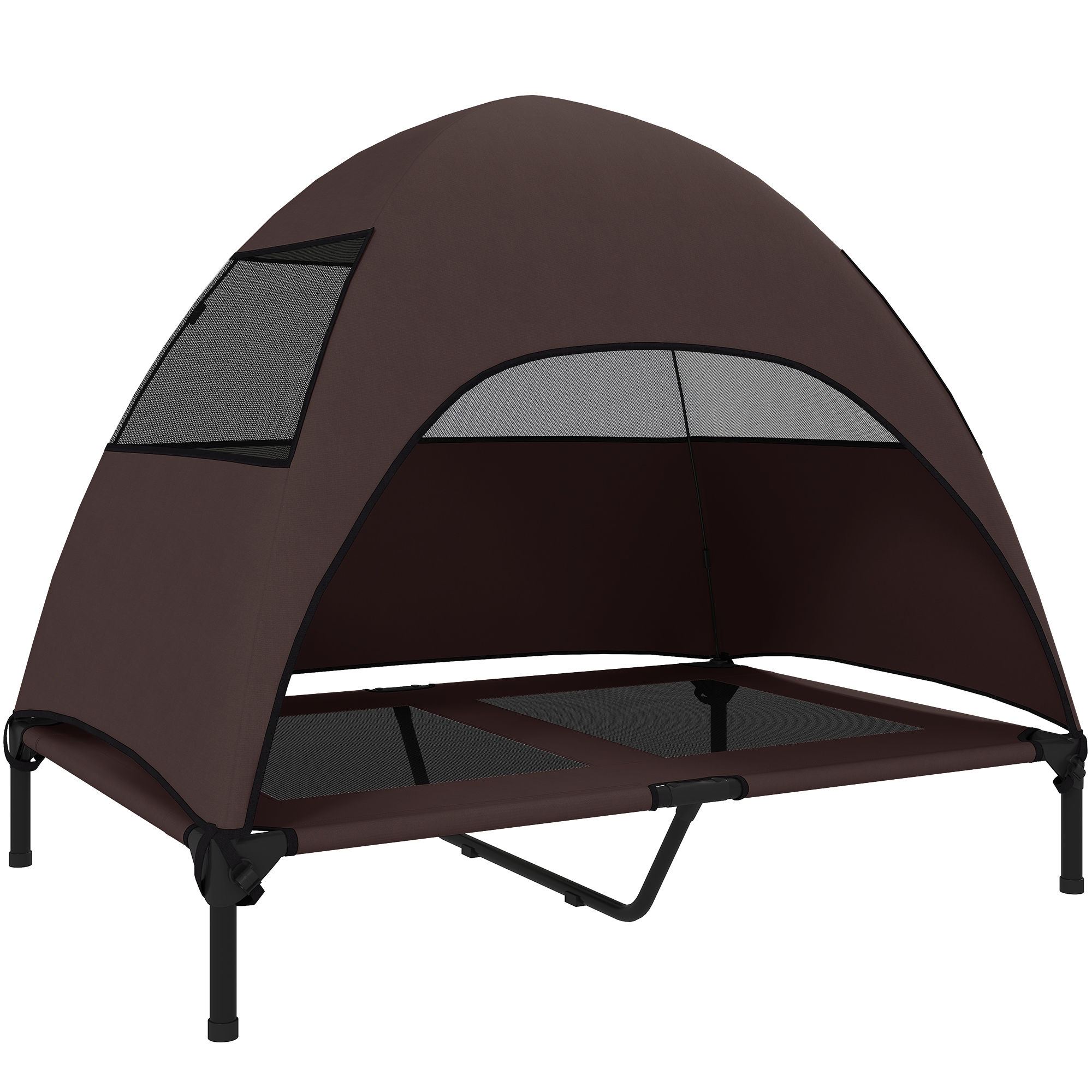 PawHut Hundeliege Outdoor mit Dach, Erhöhtes Hundebett für Große Hunde, Kühlendes Haustierliege mit Waschbares Mesh Metallrahmen Tragtasche, Haustierbett für Draußen Camping 106x76x99cm, Kaffee Aosom