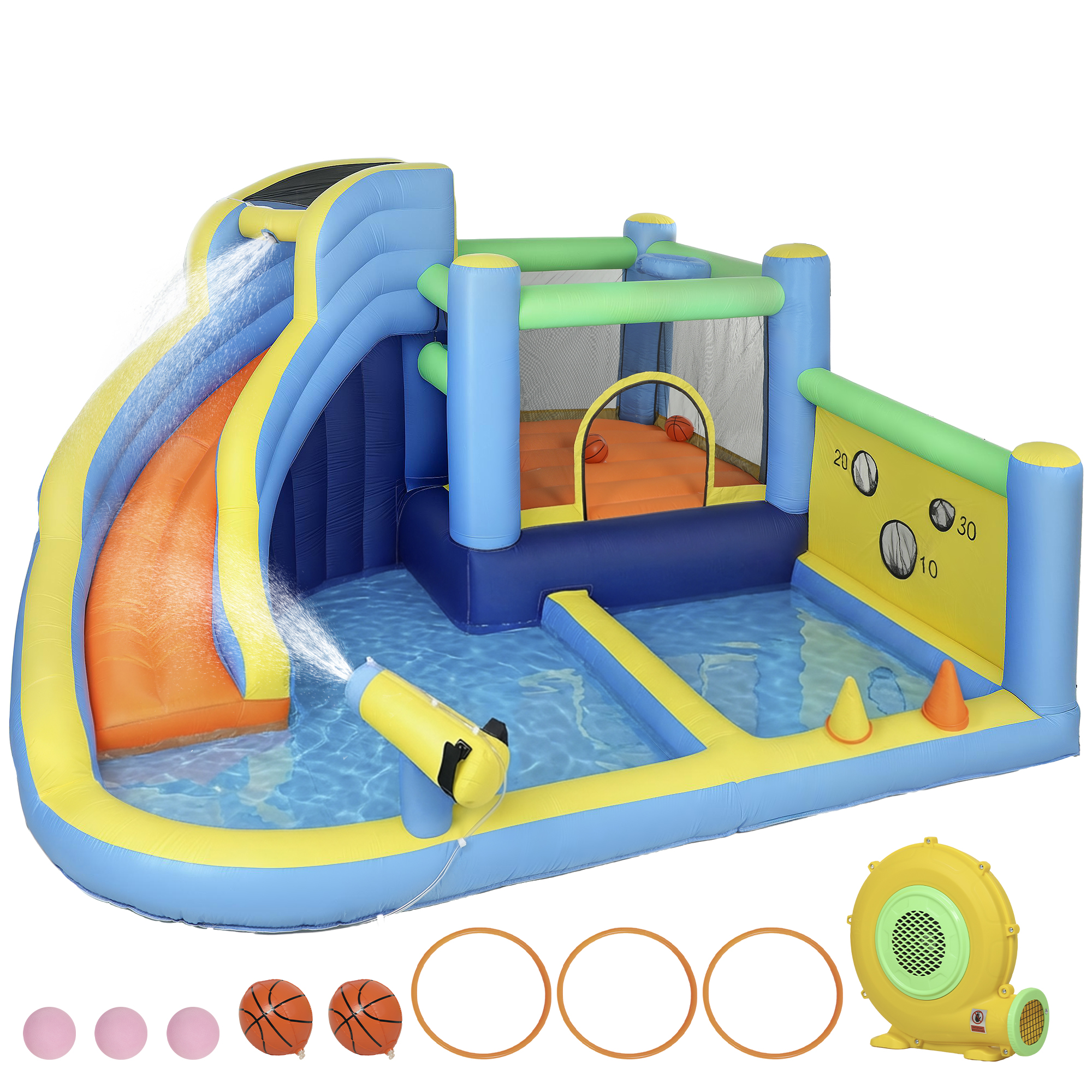 AIYAPLAY Hüpfburg mit Gebläse 9-in-1, Wasserpark, Rutsche, Trampolin, Bällebad, Kletterwand, Basketballkorb, Ballwurfspiel, Ringwurfspiel, Wasserkanone   Aosom