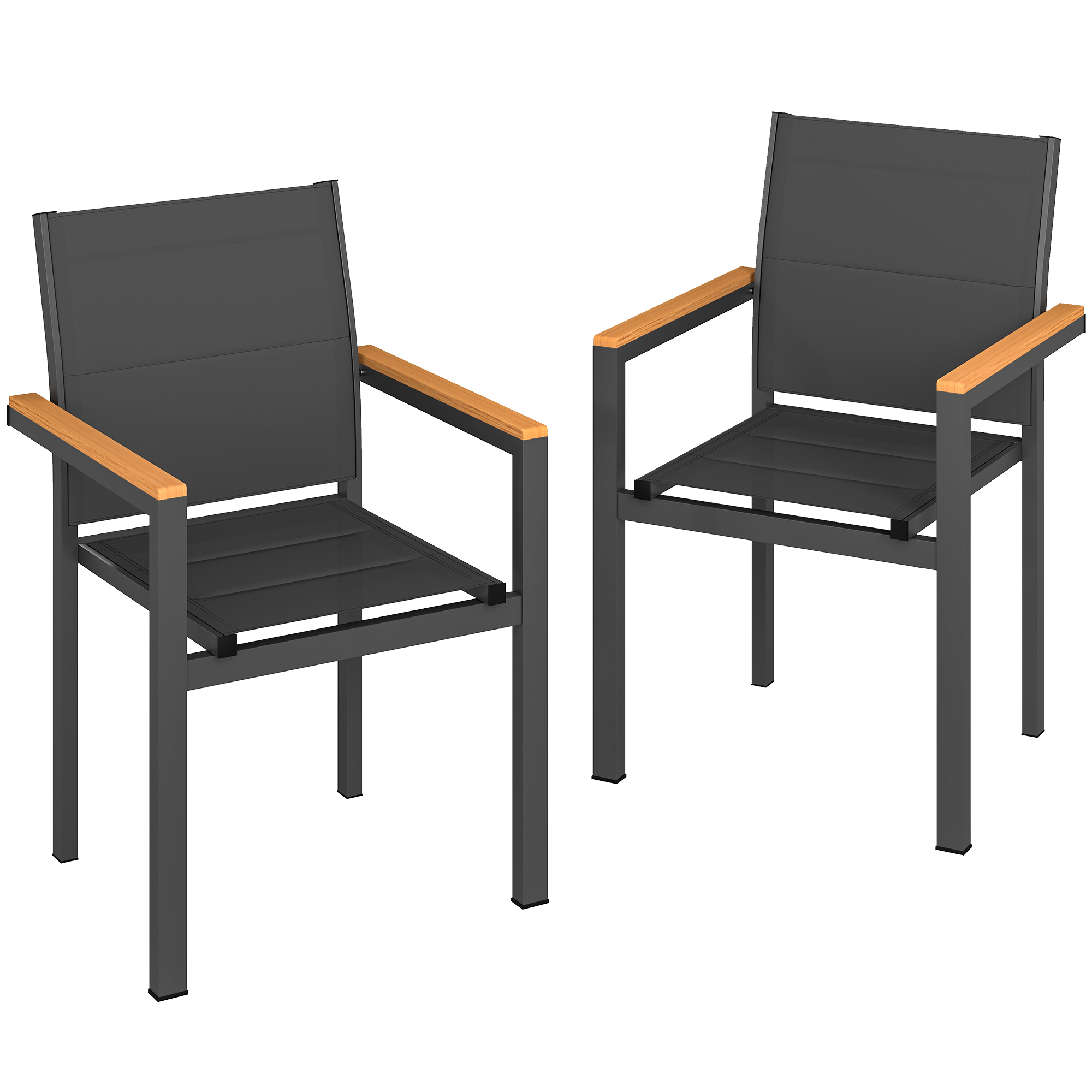 Outsunny Set 2 stapelbare Gartenstühle, gepolstert, Texteline, Aluminium mit Armlehnen in Holzoptik, für Patio Balkon Terrasse, 56x55x85 cm, Dunkelgrau   Aosom