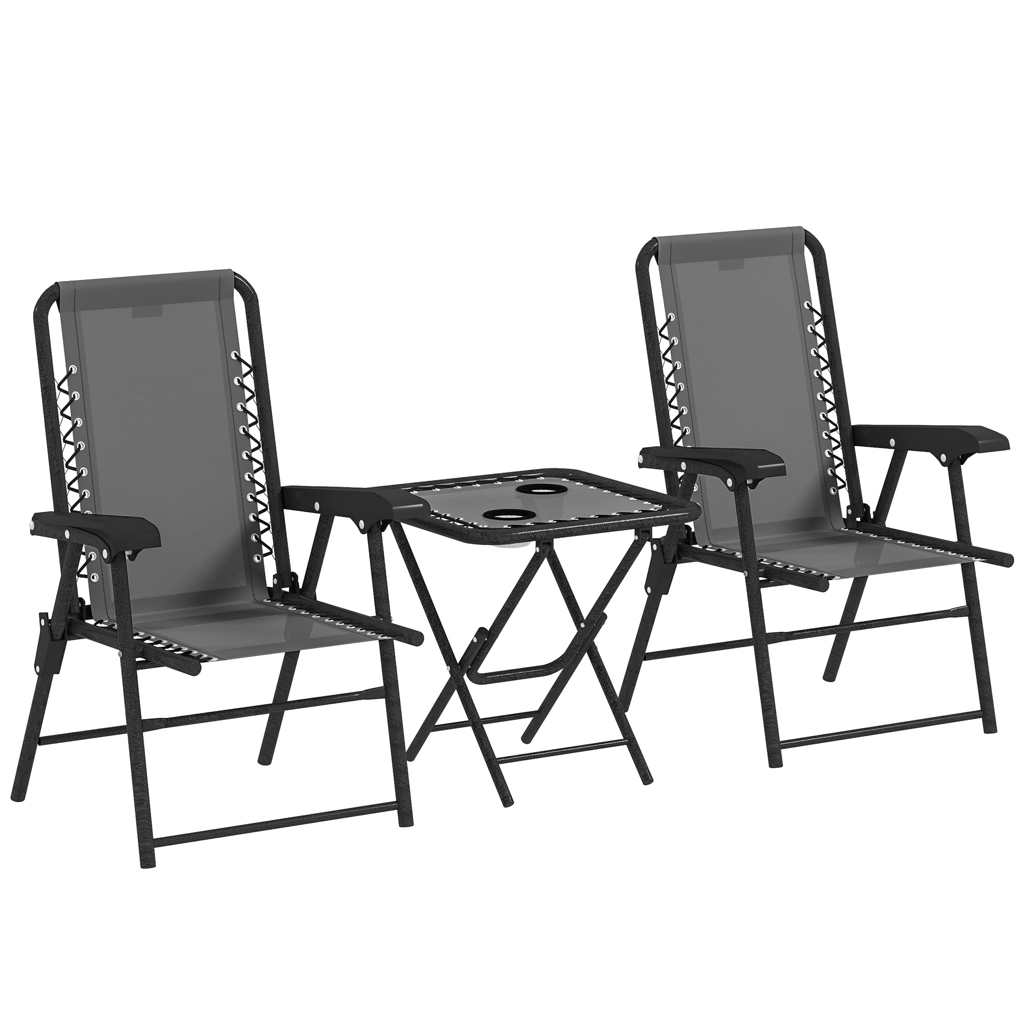 Outsunny Bistro Set 3-teilig aus Stahl Wetterfest Gartenmöbel Set mit klappbar Bistrotisch Becherhalter Gartenstühlen Outdoor Balkonmöbel Set Sitzgruppe Balkonset Gartengarnitur Dunkelgrau   Aosom