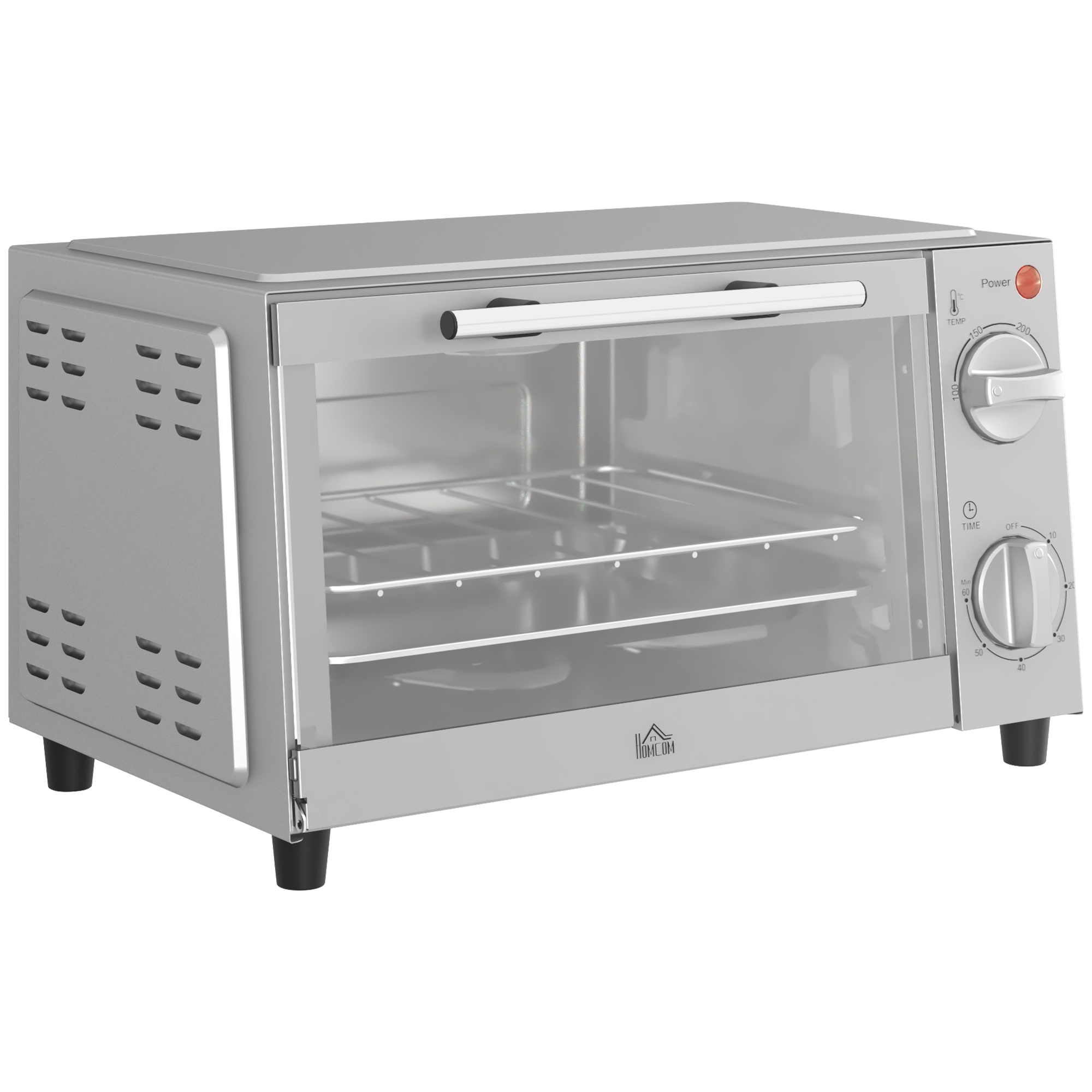 HOMCOM Minibackofen 9L Mini Ofen mit Backblech, Grillrost, 100 °C-230 °C, mit einstellbar Temperatur und Garzeit, 60 Min. Timer, 750W, Edelstahl, Silber   Aosom
