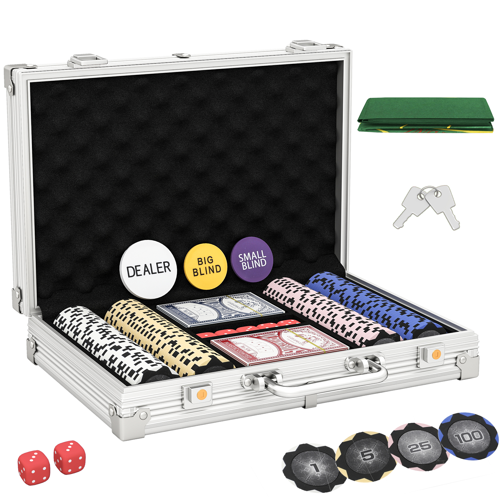 SPORTNOW Pokerkoffer abschließbar Pokerset mit Koffer 200 Chips Karten 5 Würfel Dealer Button Kartendecks Zubehör,  Komplett Set Pokerspiel Kartenspiele Aluminiumkoffer für Texas Hold'em, Blackjack   Aosom