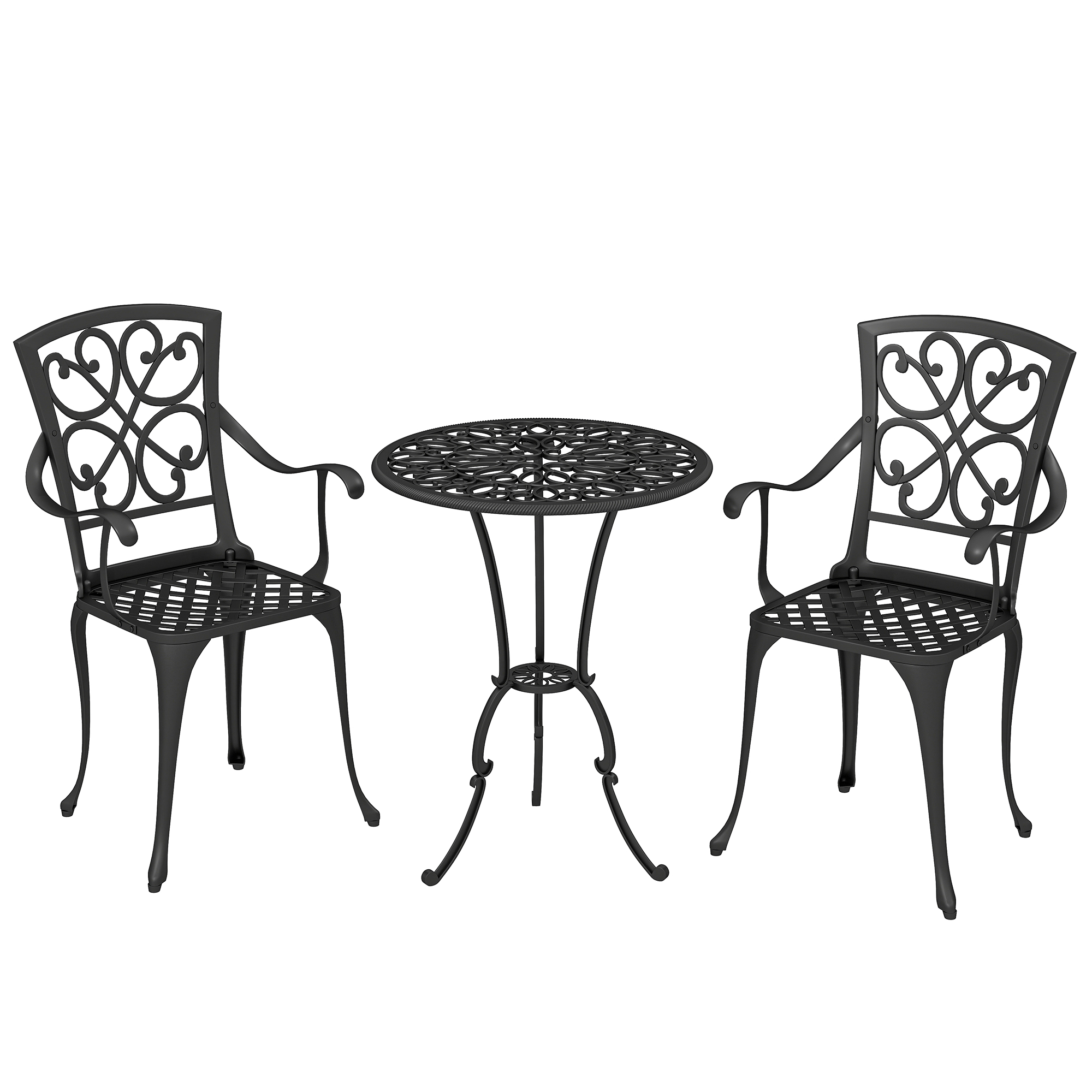 Outsunny 3-teiliges Garten Bistro Set runder Bistrotisch mit 2 Stühlen Sonnenschirmloch, Antik Bistro Gartenmöbel aus Aluminiumguss, Balkonmöbel Set Outdoor Balkonset für Garten Terrasse Schwarz   Aosom