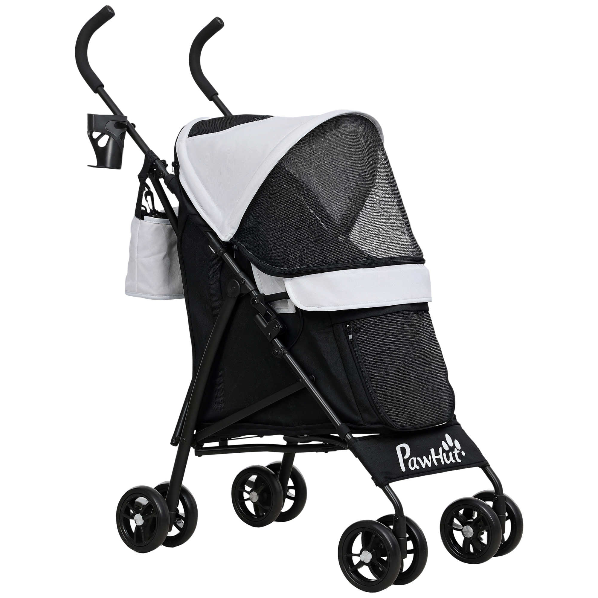 PawHut Hundewagen Hundebuggy klappbar für Hunde & Katzen bis 4 kg Katzenbuggy mit Netzfenstern, Schultergurt, Aufbewahrungstasche, Becherhalter Regenschirm Katzenwagen Hellgrau Aosom