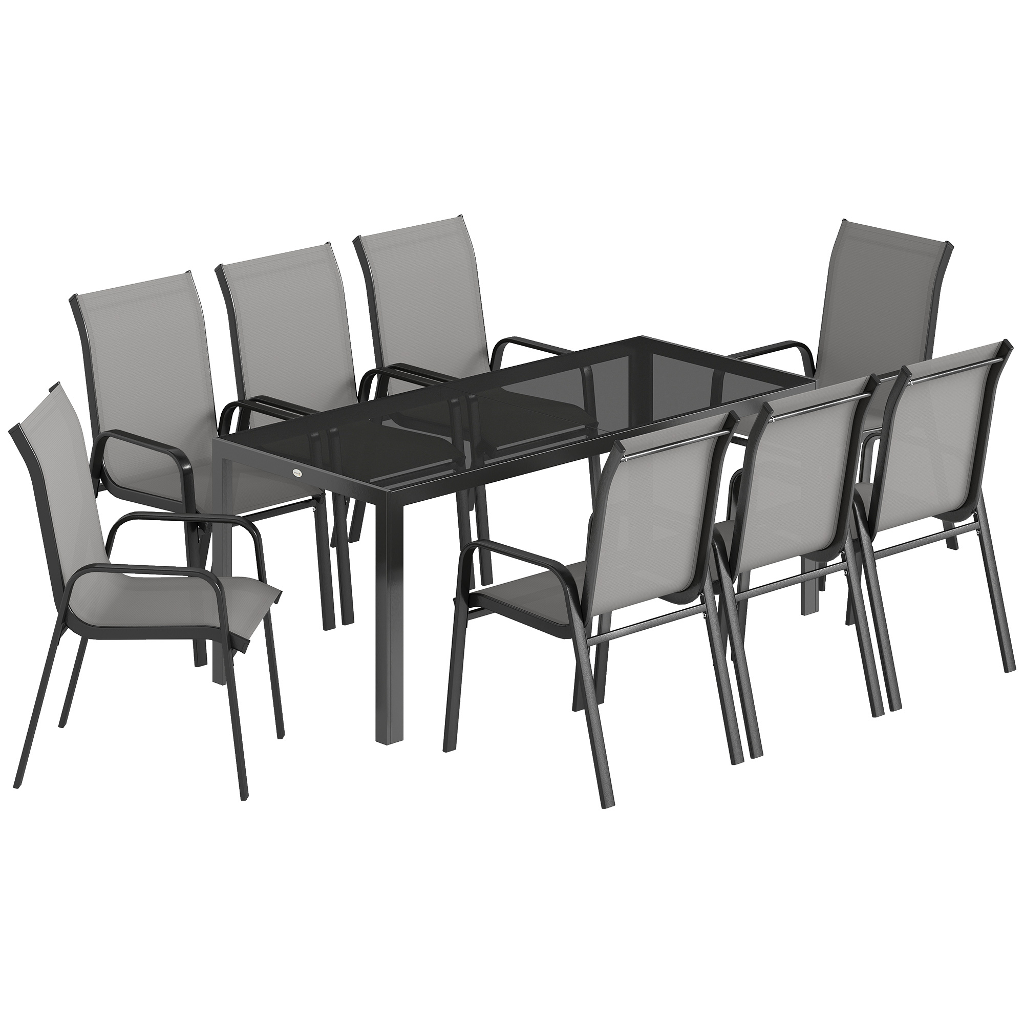 Outsunny 9-teiliges Garten-Tisch- und Stuhlset, Garten-Essgruppe mit gehärtetem Glastisch, 8 stapelbare Texteline-Stühle, Gartenmöbel-Set für Terrasse Balkon Patio, Hellgrau   Aosom