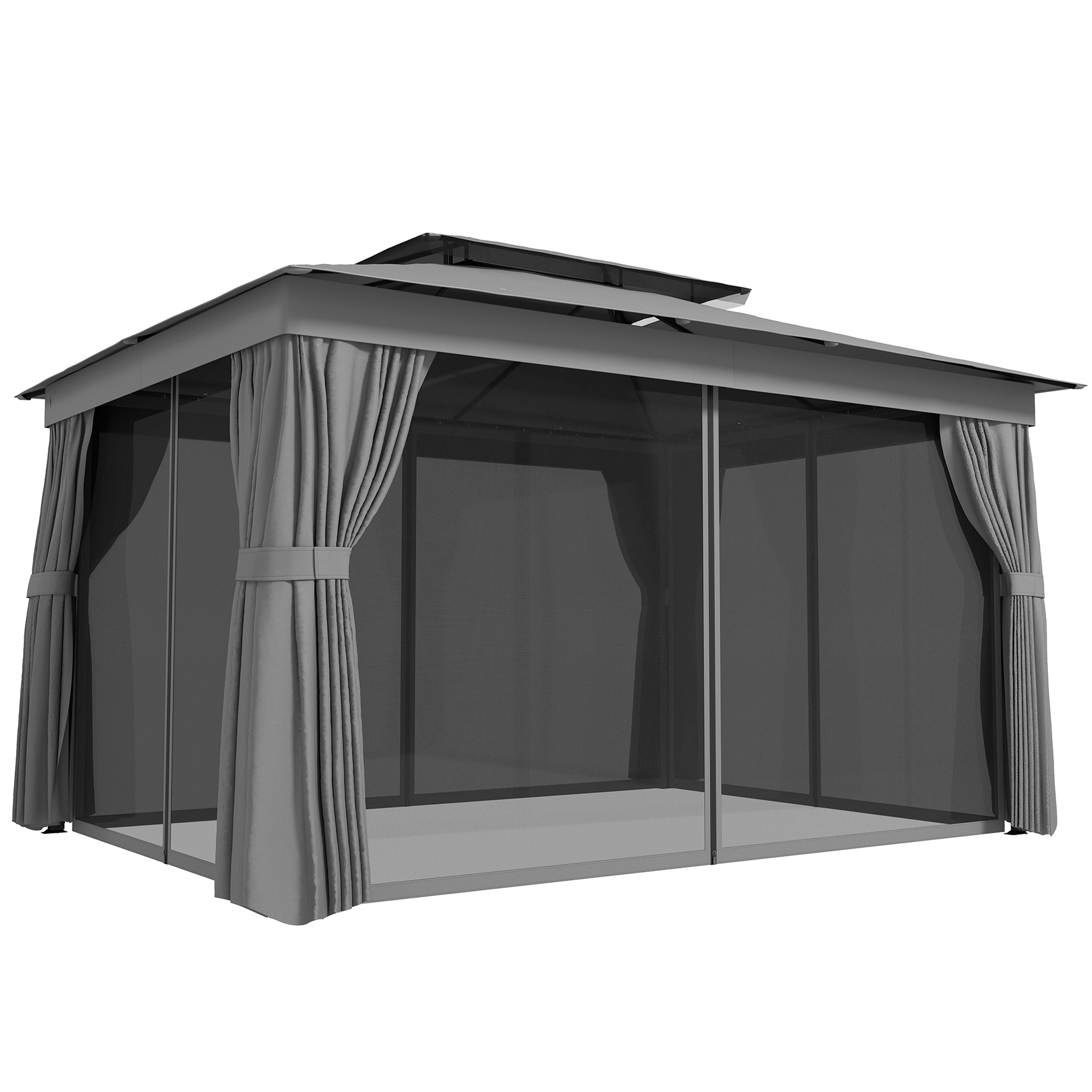 Outsunny Pavillon 3,8x3m Wasserabweisend Stabil Winterfest Gartenpavillon mit Doppeldach Vorhänge Moskitonetz, Partyzelt mit Haken Metallrahmen Gartenzelt für Festival Partys Garten Dunkelgrau   Aosom