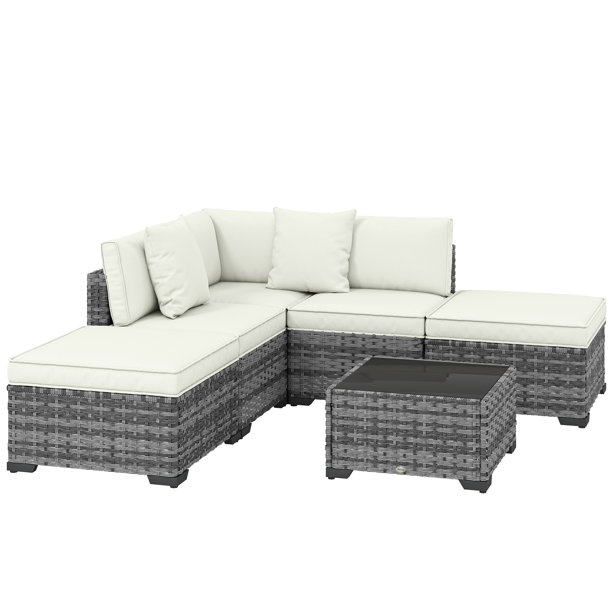 Outsunny 6-teiliges Rattan-Gartenlounge-Set, L-Form mit Sofas ohne Armlehnen, Ecksessel, Fußhocker, Kissen und Couchtisch, Grau-Mix   Aosom