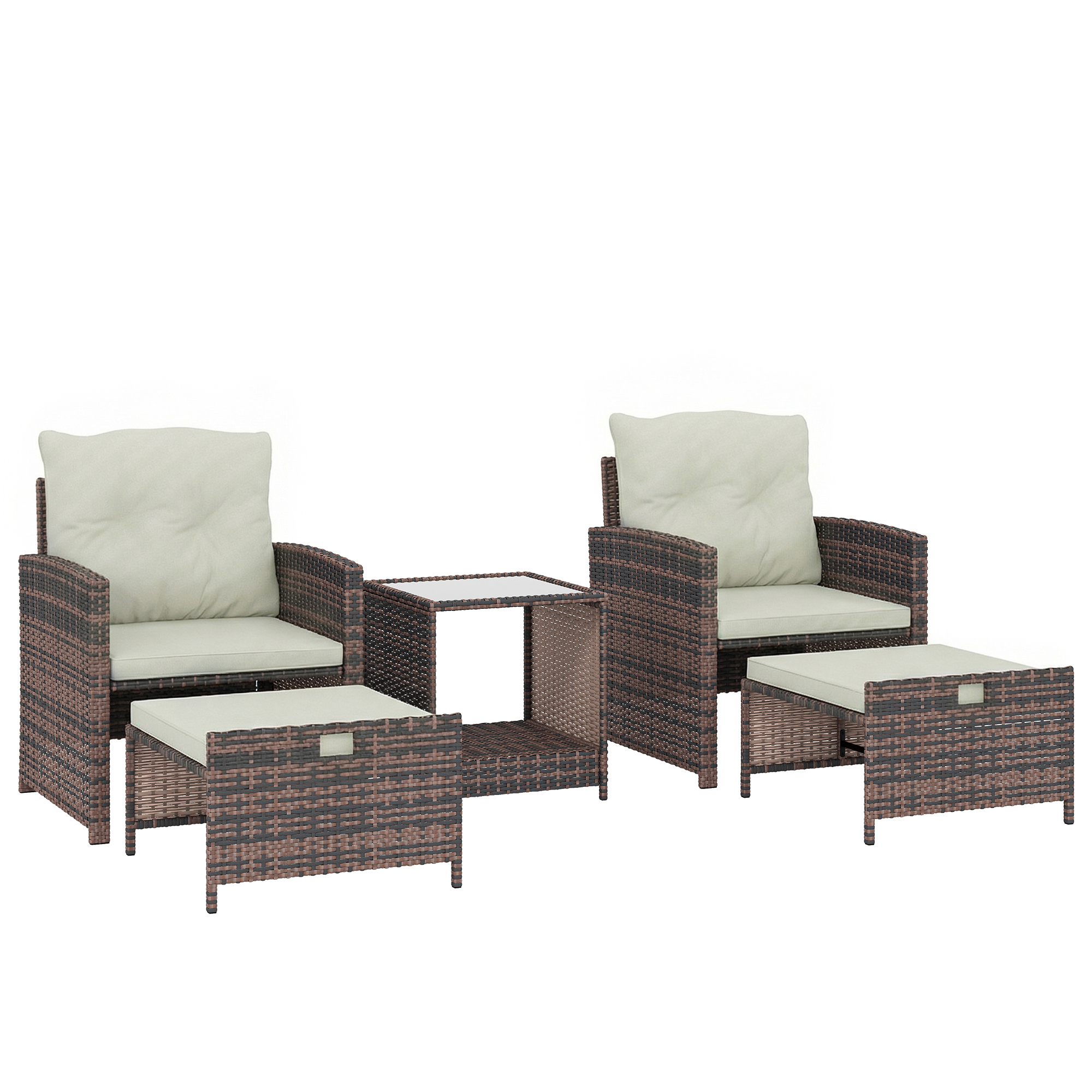 Outsunny Rattan Gartenmöbel Set 5-teiliges Balkonmöbel Set mit 2 Stühle Kissen Hocker Tisch Staufach, Gartenlounge Terrassenmöbel Gartengarnitur Sitzgruppe für Garten, Balkon, Terrasse Cremeweiß   Aosom