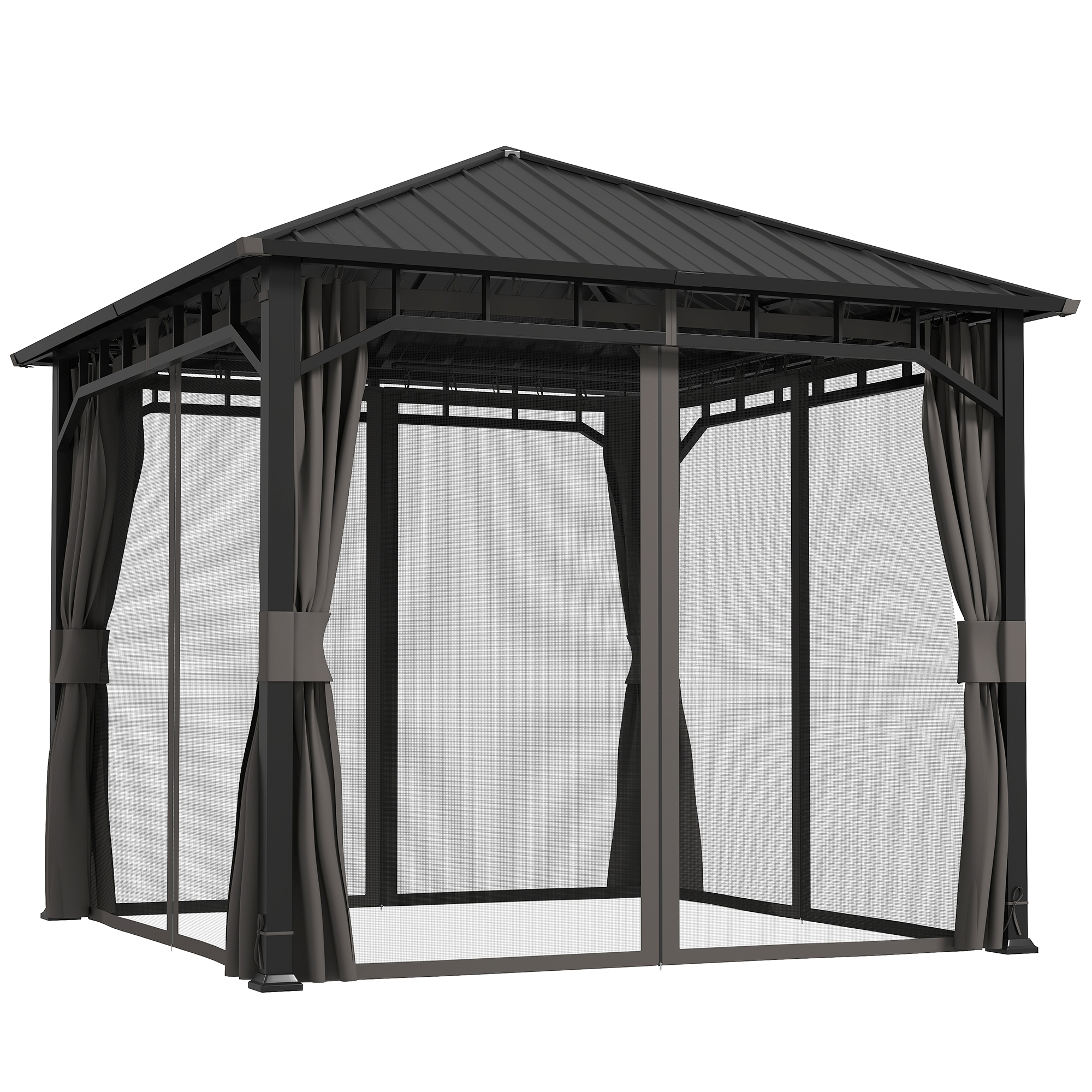 Outsunny Pavillon 3 x 3 m Wasserdicht Stabil Winterfest Gartenpavillon mit Seitenteile Moskitonetz Haken Hardtop, Garten Pavillon aus verzinktem Metall, Partyzelt für Garten, Terrasse, Dunkelgrau   Aosom
