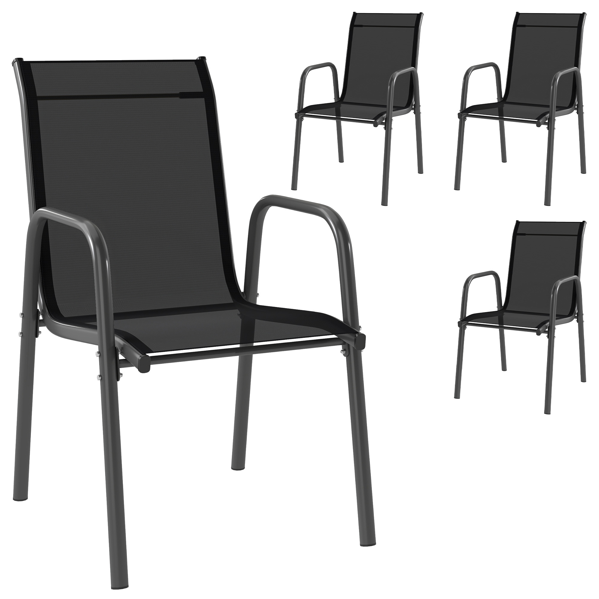 Outsunny 4er-Set stapelbare Gartenstühle aus atmungsaktiver Texteline, Essstühle für draußen mit hoher Rückenlehne und Armlehnen, Metall, für Patio, Balkon, Terrasse, Außenbereich, 51x69x87 cm, Schwarz   Aosom
