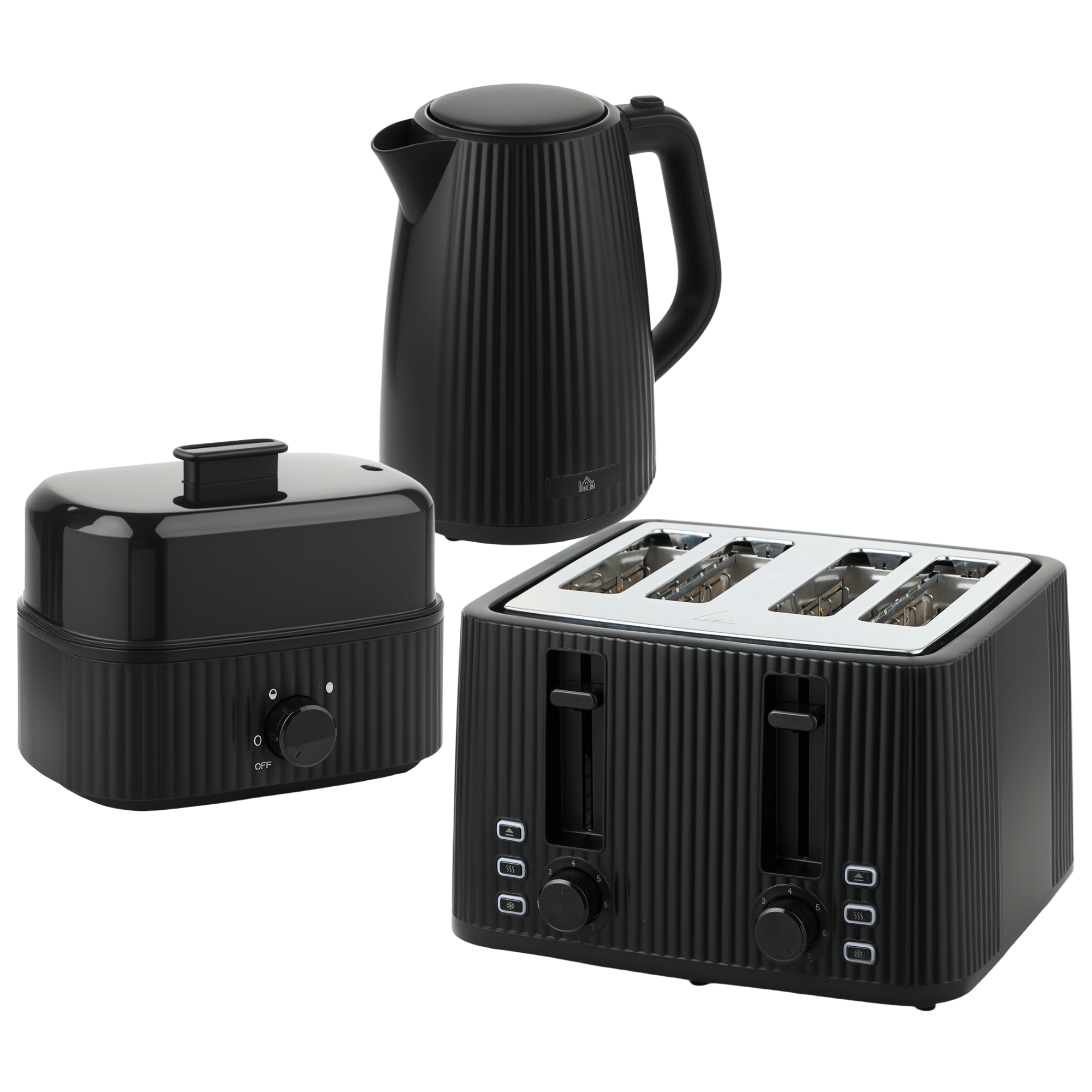 HOMCOM Wasserkocher Toaster Eierkocher Set 1,7L 2200W Edelstahl Schnell Wasserkocher mit Kalkfilter 4 Scheiben Toaster mit 7 Bräunungsstufen Eierkocher mit Kontrollleuchte Signalton-Timer für 1-6 Eier   Aosom