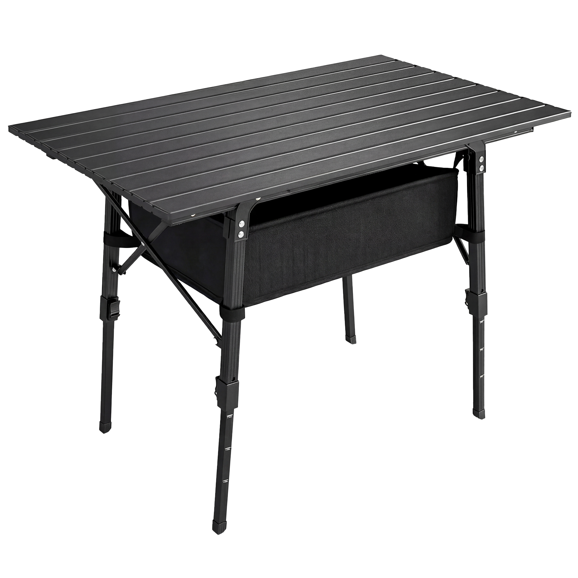 Outsunny Campingtisch, Klappbarer Picknicktisch mit Aufbewahrungskorb, Tragetasche, Höhenverstellbar Klapptisch, für Gartenpartys, Camping, Grillen, Aluminium Schwarz Aosom