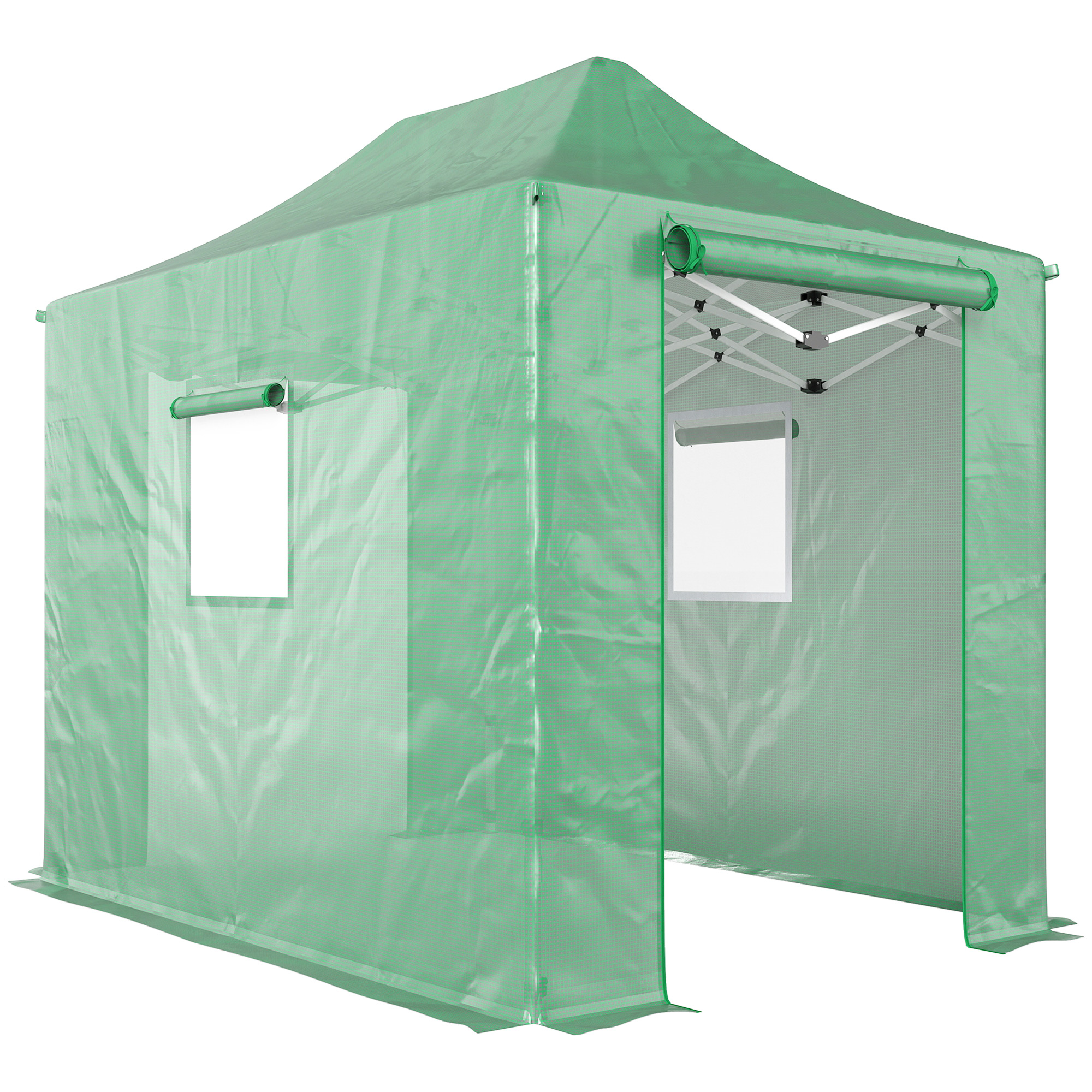 Outsunny Pop Up Gewächshaus ca. 200x300x270 cm Faltbar Foliengewächshaus mit Satteldach, aufrollbaren Reißverschlusstüren und -fenstern, Tomatenhaus Folientunnel aus PE, stabiles Pflanztunnel Grün   Aosom