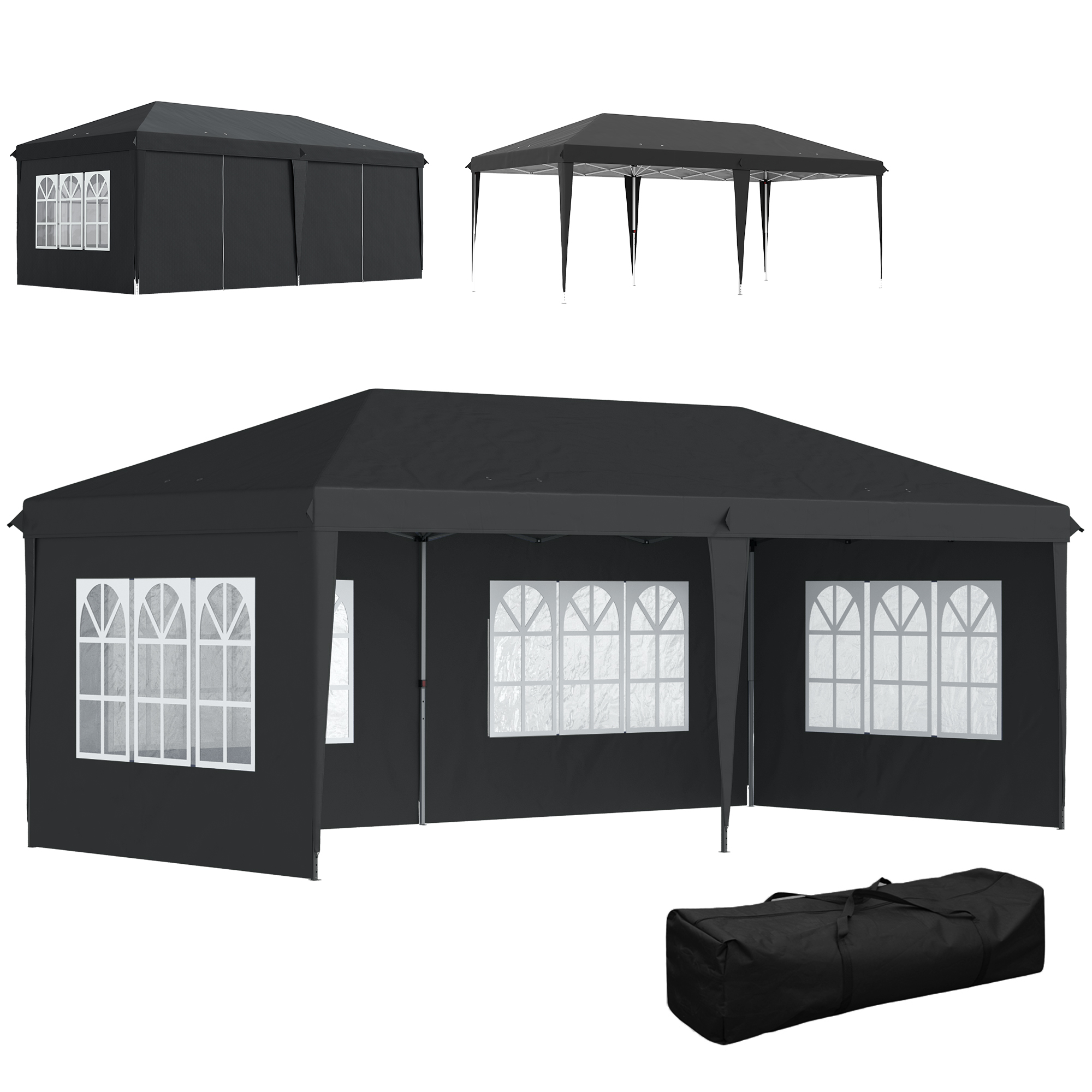Outsunny Pavillon ca. 3x6m Wasserdicht Pop-up Faltpavillon mit 4 Seitenwänden, Fenster, Partyzelt mit UV-Schutz, Oxford Gartenpavillon inkl. Tragetasche Gartenzelt für Balkon, Terrasse, Schwarz   Aosom