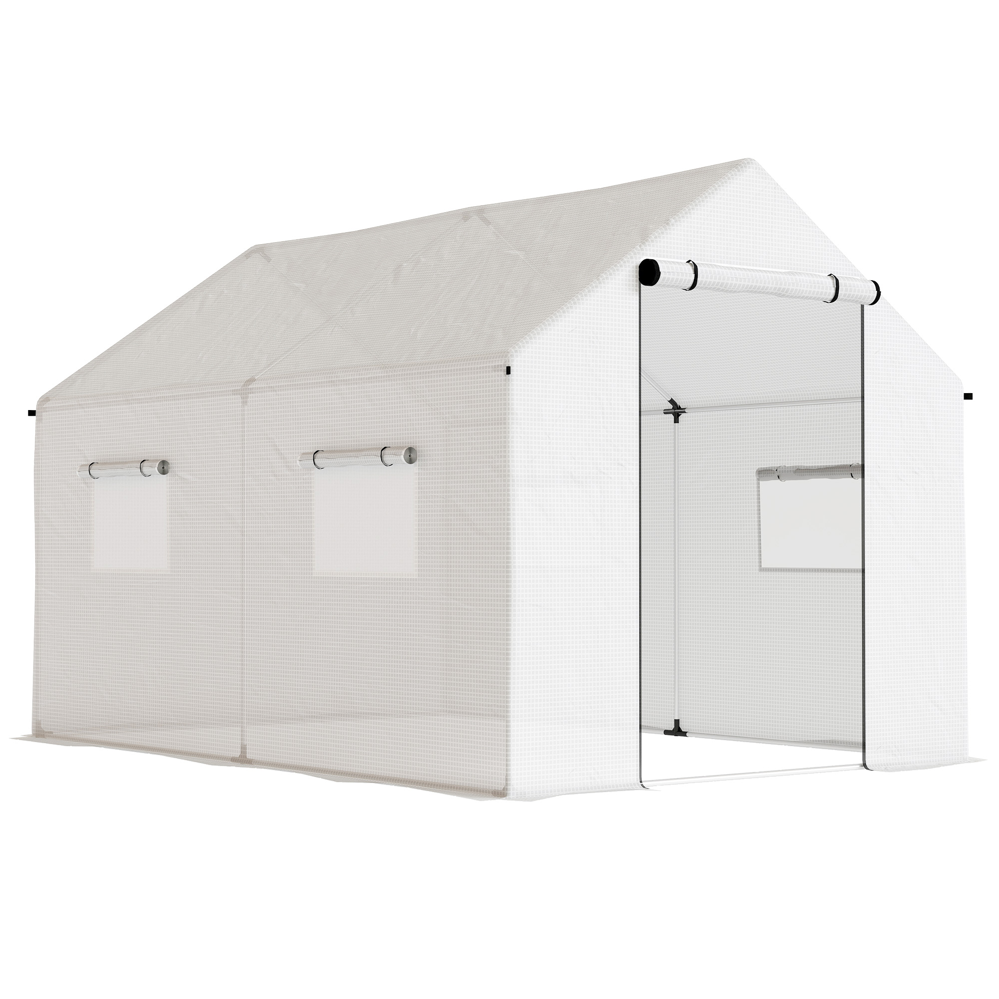 Outsunny Gewächshaus 3 x 2 x 2 m Foliengewächshaus mit Breiter Rollbar Reißverschlusstür, Moskitonetz, Spitzdach 4 Fenster, UV-beständiger Folientunnel, Winterfest Tomatenhaus mit Erdanker, Weiß   Aosom